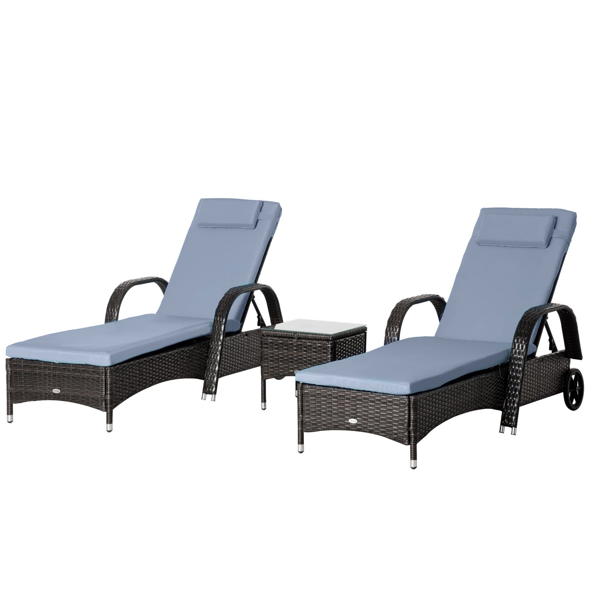 3 Pieces Wicker Patio Lounger Set with Table, PE Rattan Outdoor Lounge Chair Set with Cushions, Wheels, 5-Level Reclining Backrest, Headrest, Brown/Grey