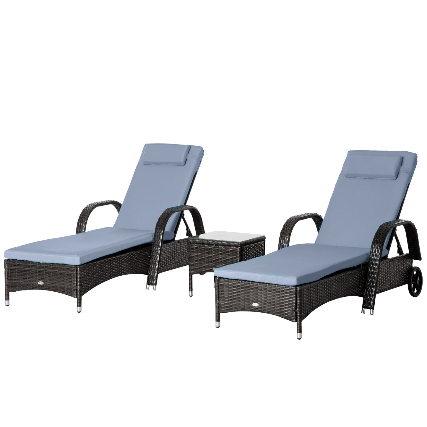 3 Pieces Wicker Patio Lounger Set with Table, PE Rattan Outdoor Lounge Chair Set with Cushions, Wheels, 5-Level Reclining Backrest, Headrest, Brown/Grey
