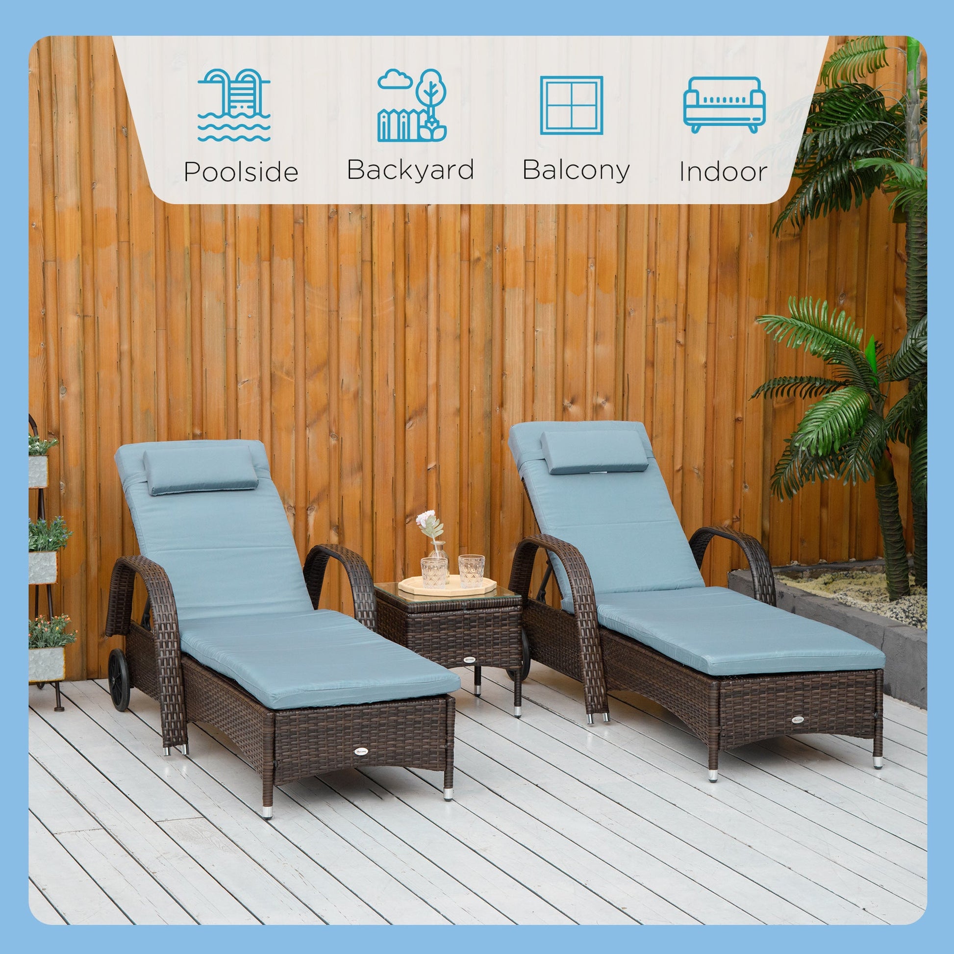 3 Pieces Wicker Patio Lounger Set with Table, PE Rattan Outdoor Lounge Chair Set with Cushions, Wheels, 5-Level Reclining Backrest, Headrest, Brown/Grey