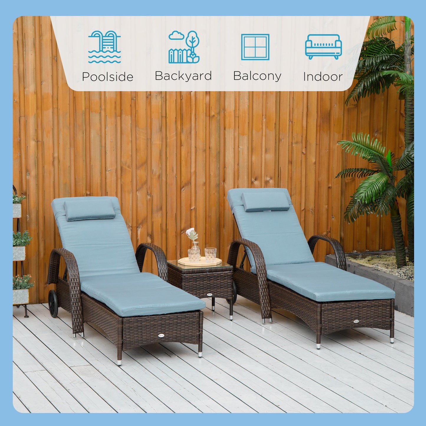 3 Pieces Wicker Patio Lounger Set with Table, PE Rattan Outdoor Lounge Chair Set with Cushions, Wheels, 5-Level Reclining Backrest, Headrest, Brown/Grey