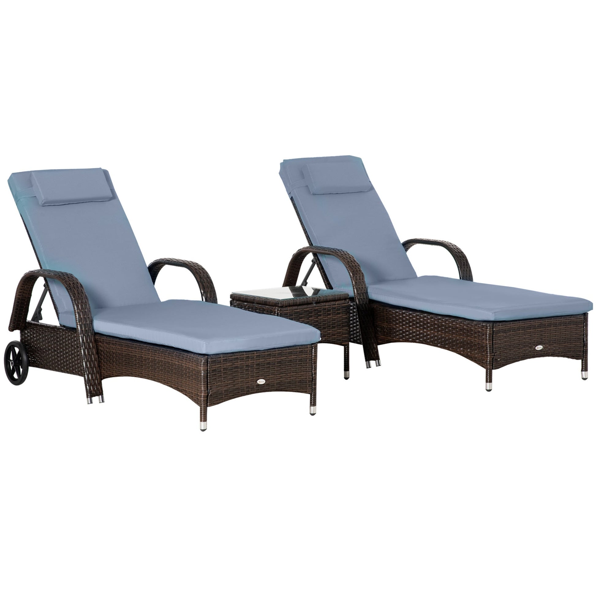 3 Pieces Wicker Patio Lounger Set with Table, PE Rattan Outdoor Lounge Chair Set with Cushions, Wheels, 5-Level Reclining Backrest, Headrest, Brown/Grey