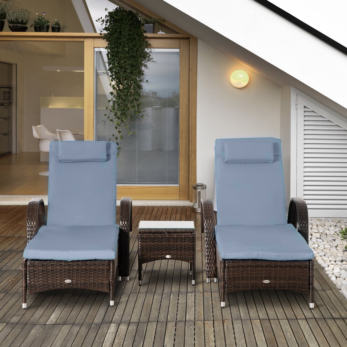 3 Pieces Wicker Patio Lounger Set with Table, PE Rattan Outdoor Lounge Chair Set with Cushions, Wheels, 5-Level Reclining Backrest, Headrest, Brown/Grey
