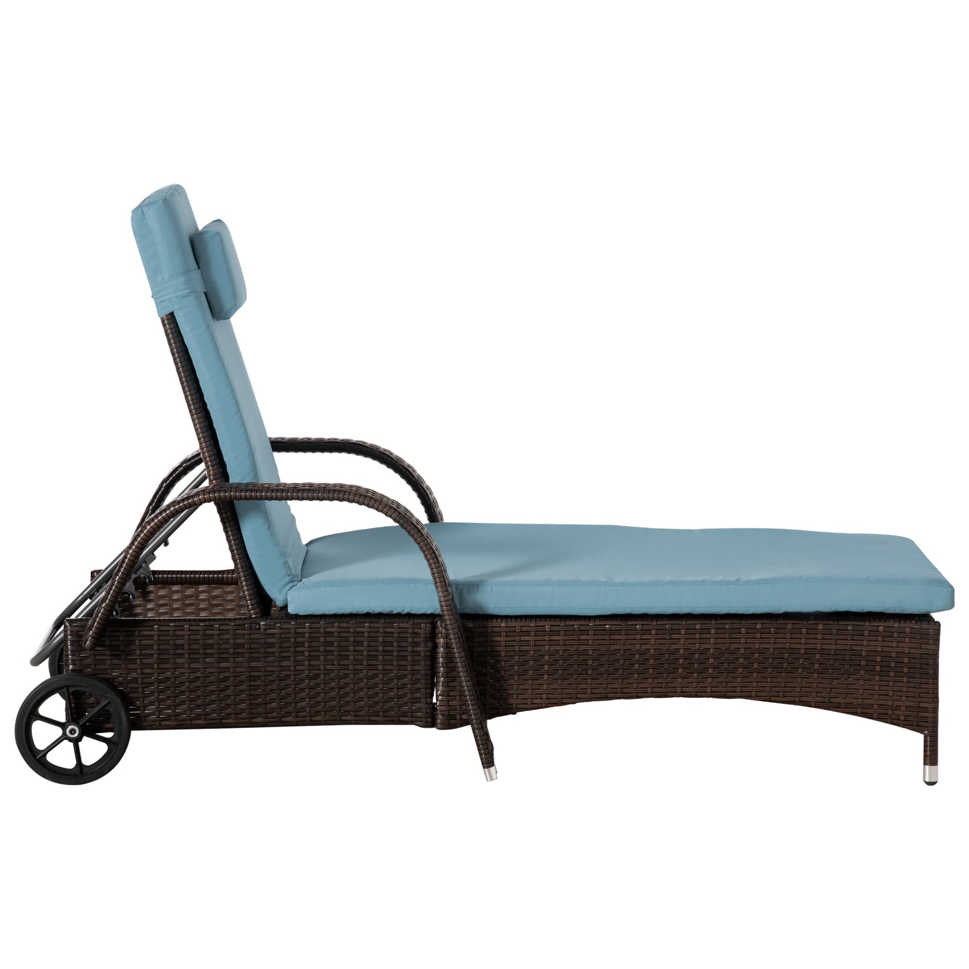 3 Pieces Wicker Patio Lounger Set with Table, PE Rattan Outdoor Lounge Chair Set with Cushions, Wheels, 5-Level Reclining Backrest, Headrest, Brown/Grey
