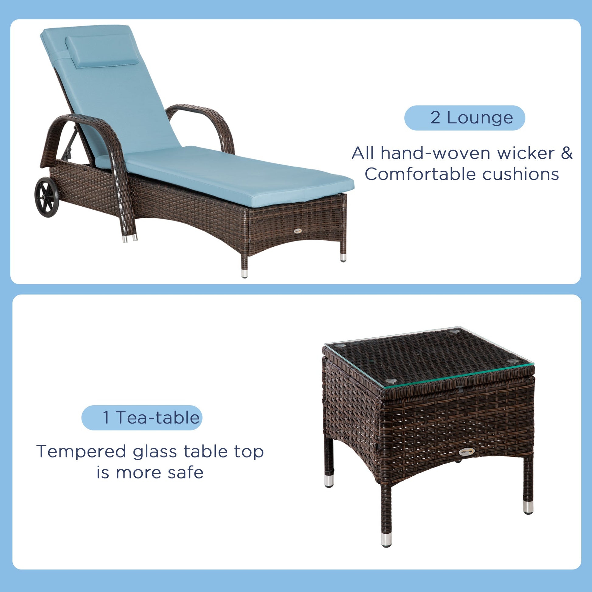 3 Pieces Wicker Patio Lounger Set with Table, PE Rattan Outdoor Lounge Chair Set with Cushions, Wheels, 5-Level Reclining Backrest, Headrest, Brown/Grey