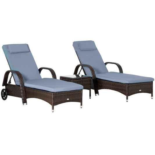 3 Pieces Wicker Patio Lounger Set with Table, PE Rattan Outdoor Lounge Chair Set with Cushions, Wheels, 5-Level Reclining Backrest, Headrest, Brown/Grey