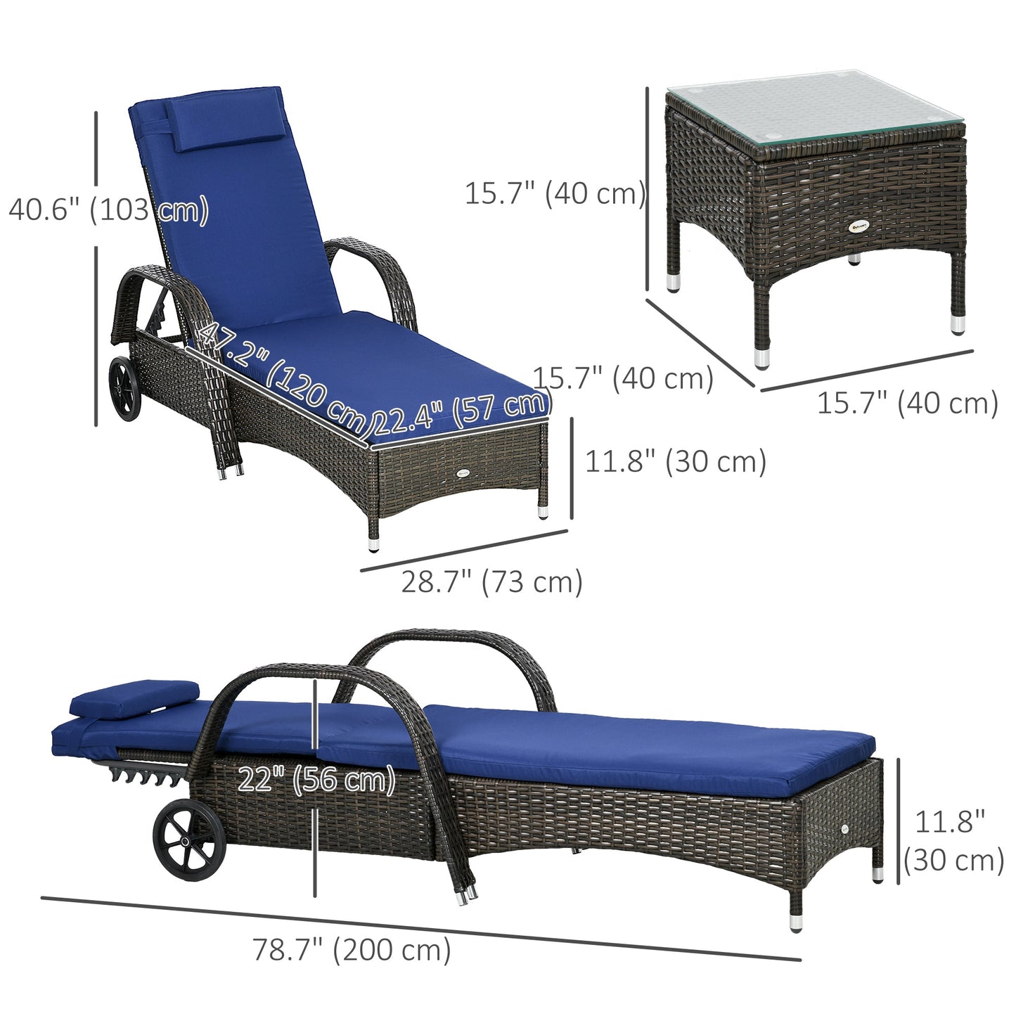3 Pieces Wicker Patio Lounger Set with Table, PE Rattan Outdoor Lounge Chair Set with Cushions, Wheels, 5-Level Reclining Backrest, Headrest, Dark Blue