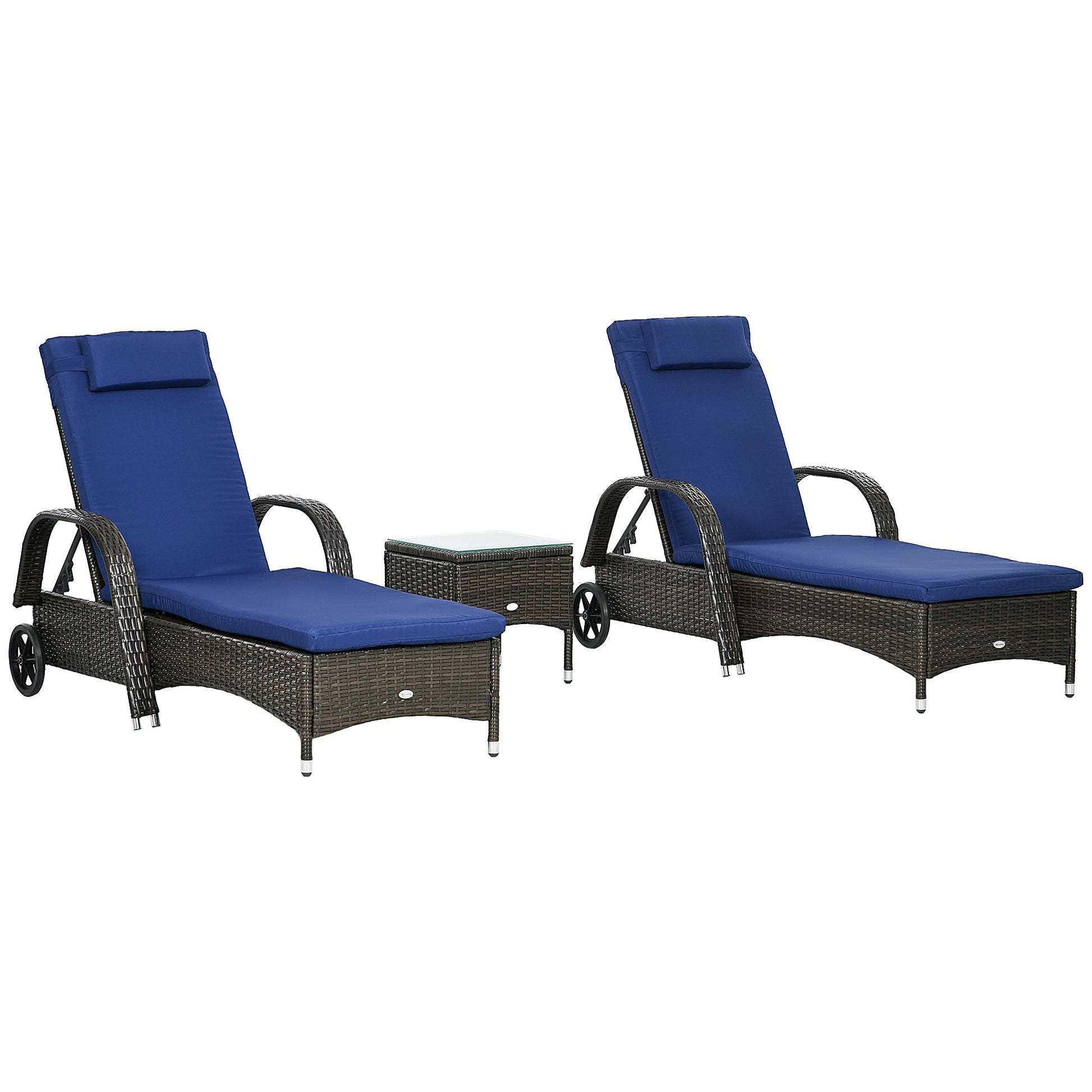 3 Pieces Wicker Patio Lounger Set with Table, PE Rattan Outdoor Lounge Chair Set with Cushions, Wheels, 5-Level Reclining Backrest, Headrest, Dark Blue