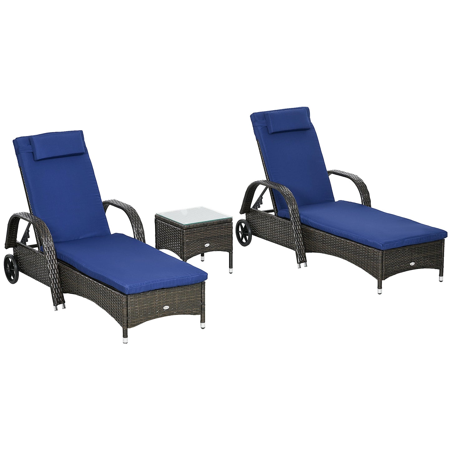 3 Pieces Wicker Patio Lounger Set with Table, PE Rattan Outdoor Lounge Chair Set with Cushions, Wheels, 5-Level Reclining Backrest, Headrest, Dark Blue