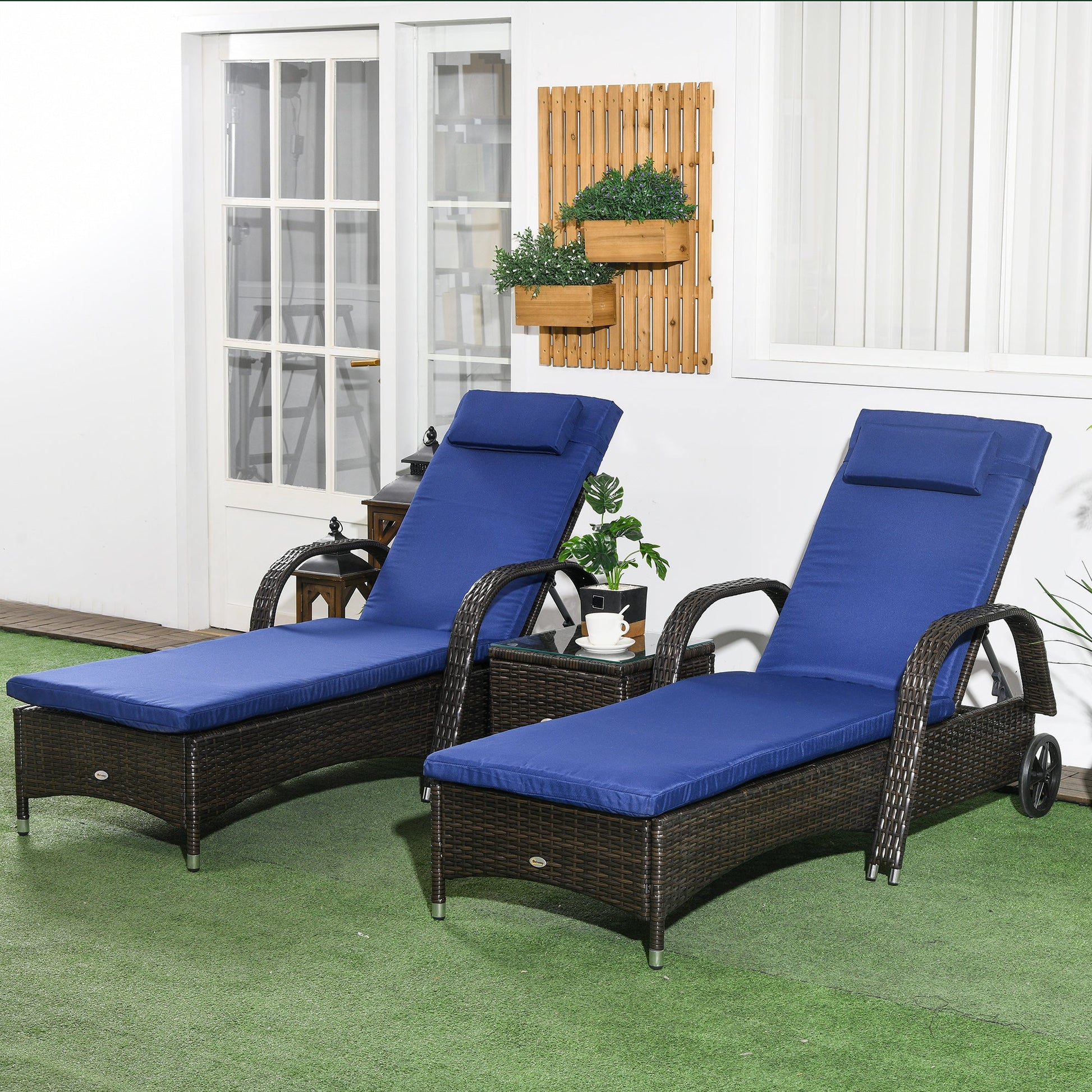 3 Pieces Wicker Patio Lounger Set with Table, PE Rattan Outdoor Lounge Chair Set with Cushions, Wheels, 5-Level Reclining Backrest, Headrest, Dark Blue