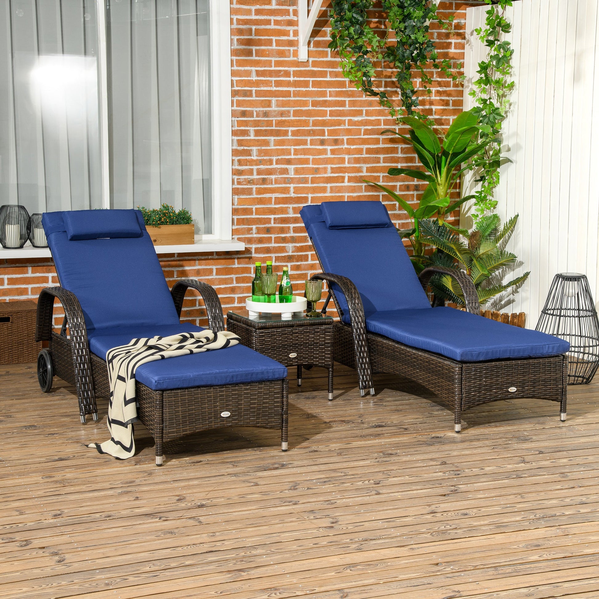 3 Pieces Wicker Patio Lounger Set with Table, PE Rattan Outdoor Lounge Chair Set with Cushions, Wheels, 5-Level Reclining Backrest, Headrest, Dark Blue