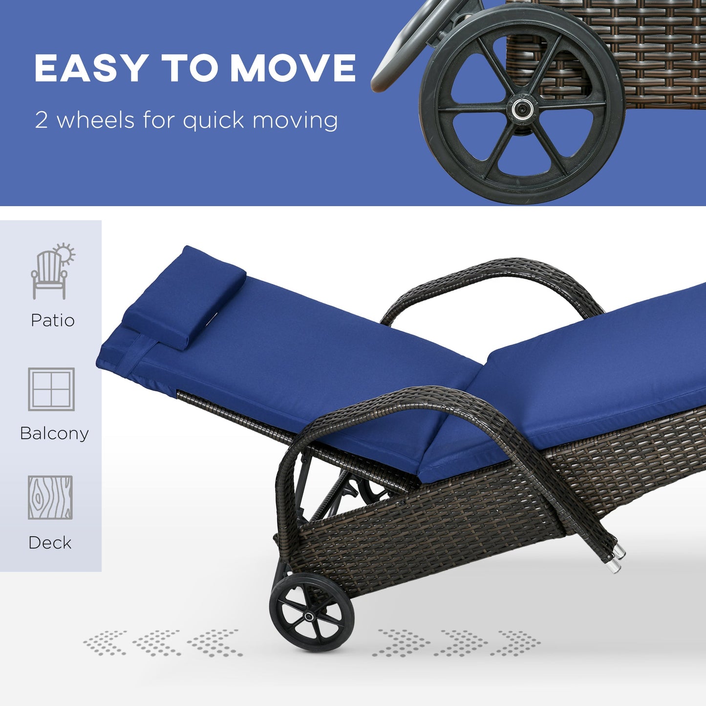 3 Pieces Wicker Patio Lounger Set with Table, PE Rattan Outdoor Lounge Chair Set with Cushions, Wheels, 5-Level Reclining Backrest, Headrest, Dark Blue