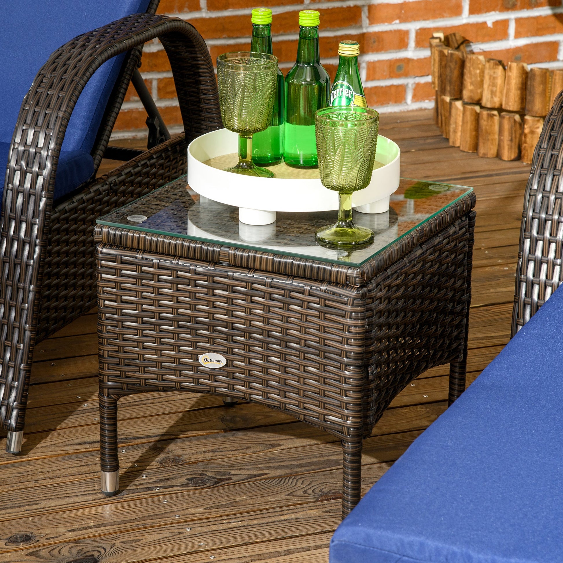 3 Pieces Wicker Patio Lounger Set with Table, PE Rattan Outdoor Lounge Chair Set with Cushions, Wheels, 5-Level Reclining Backrest, Headrest, Dark Blue