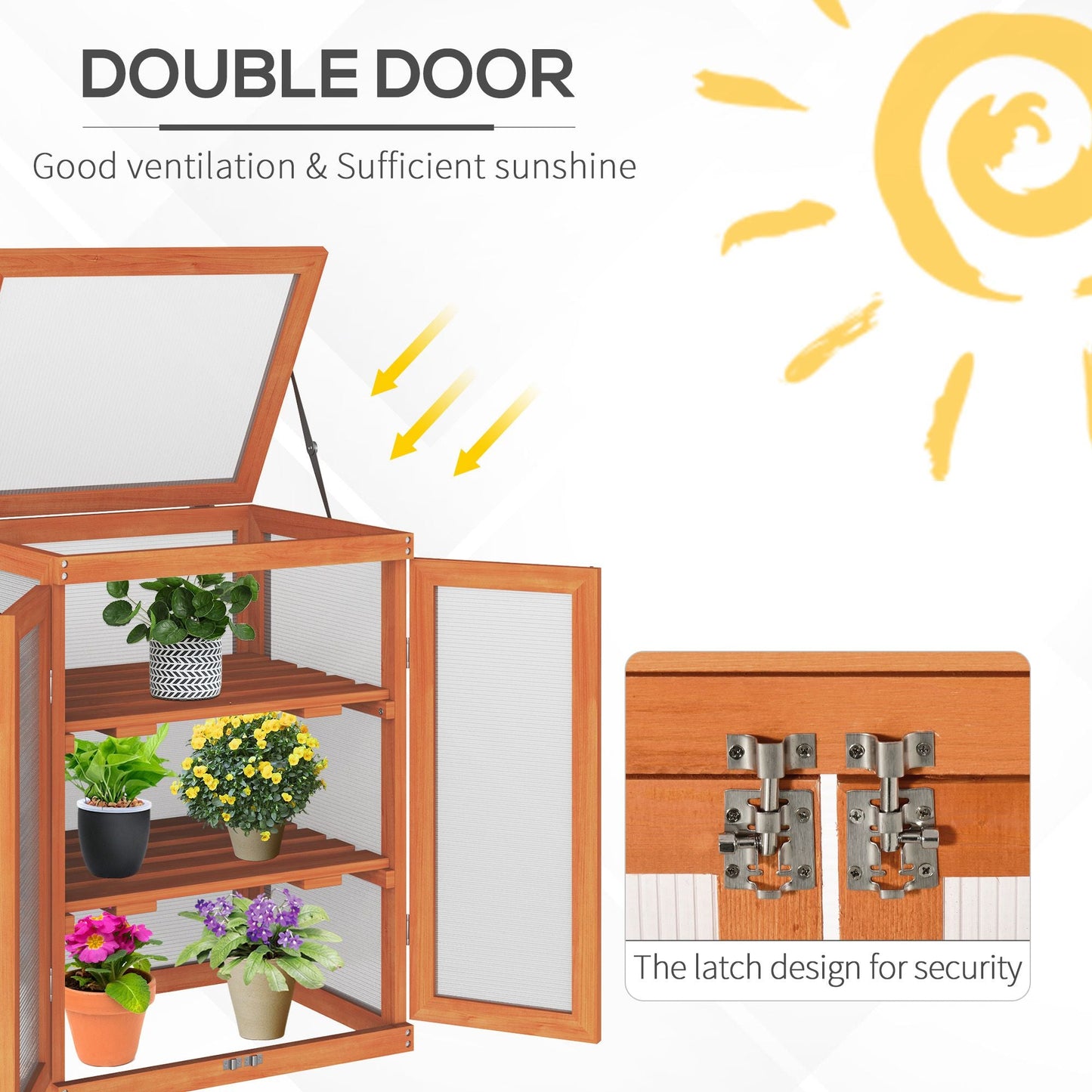 Wooden 2 Tier Cold Frame Greenhouse Polycarbonate Plant Grow House Portable Garden, Orange