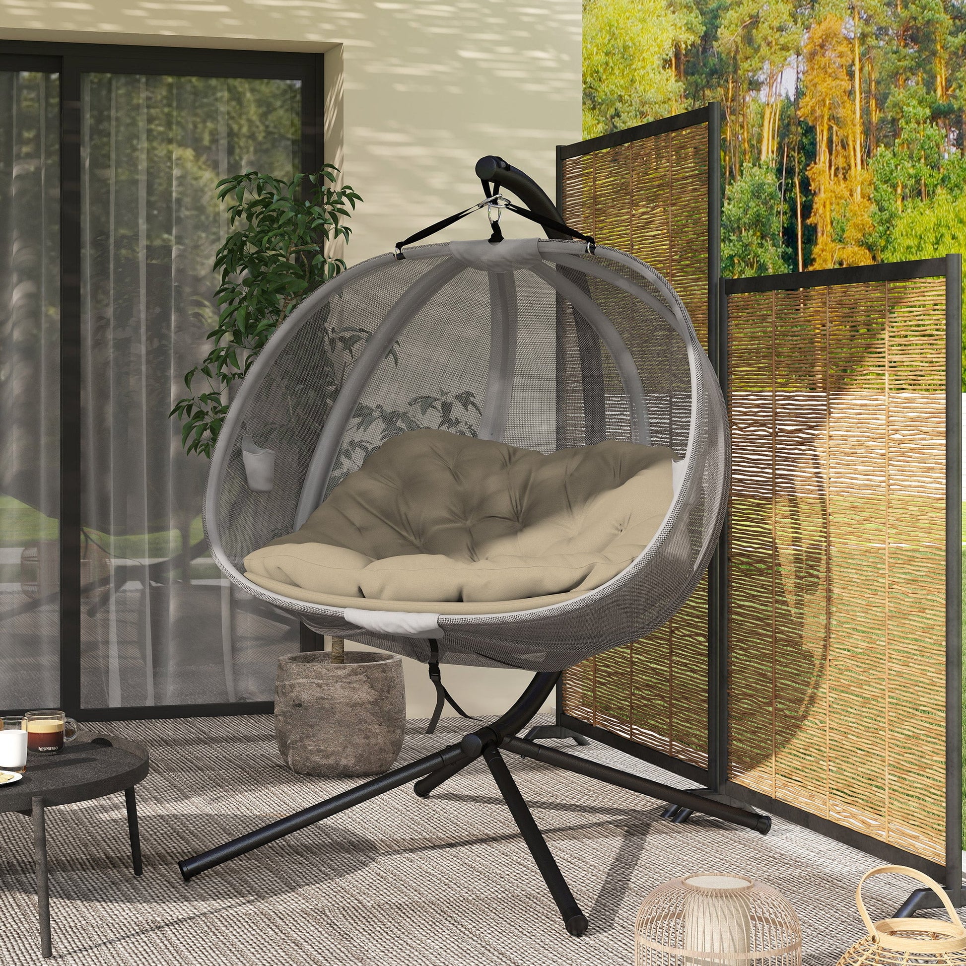 Double Egg Chair with Stand, 2 Person Hanging Swing Egg Chair Outdoor Indoor, 528 LBS Capacity Loveseat Hammock Swing with Cushion, Pockets, Khaki