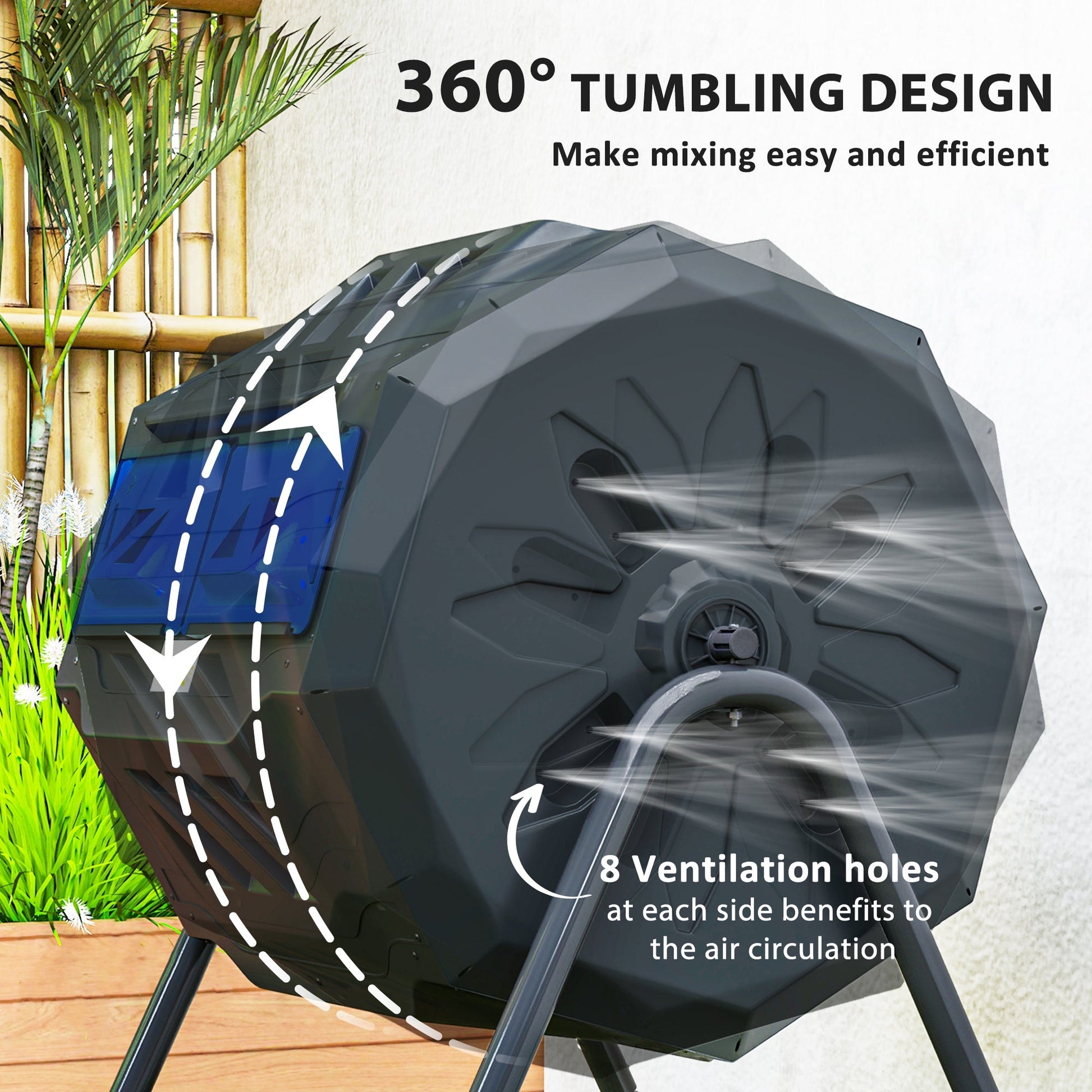 43 Gallon (160L) Tumbling Compost Bin Outdoor Dual Chamber 360° Rotating Composter with Sliding Doors, Solid Steel Frame and Gloves, Blue
