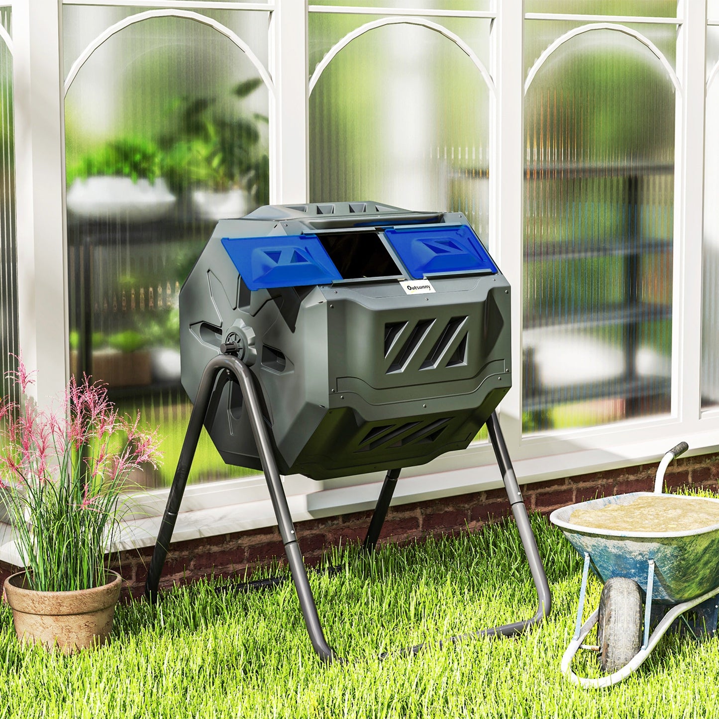 43 Gallon (160L) Tumbling Compost Bin Outdoor Dual Chamber 360° Rotating Composter with Sliding Doors, Solid Steel Frame and Gloves, Blue