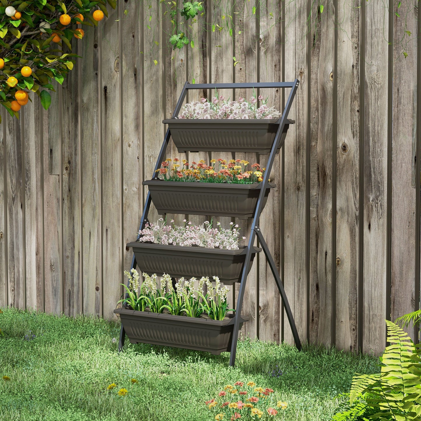 4-Tier Vertical Raised Garden Bed with 4 Planter Boxes, Outdoor Plant Stand Grow Container with Leaking Holes for Balcony Patio Outdoor, Brown