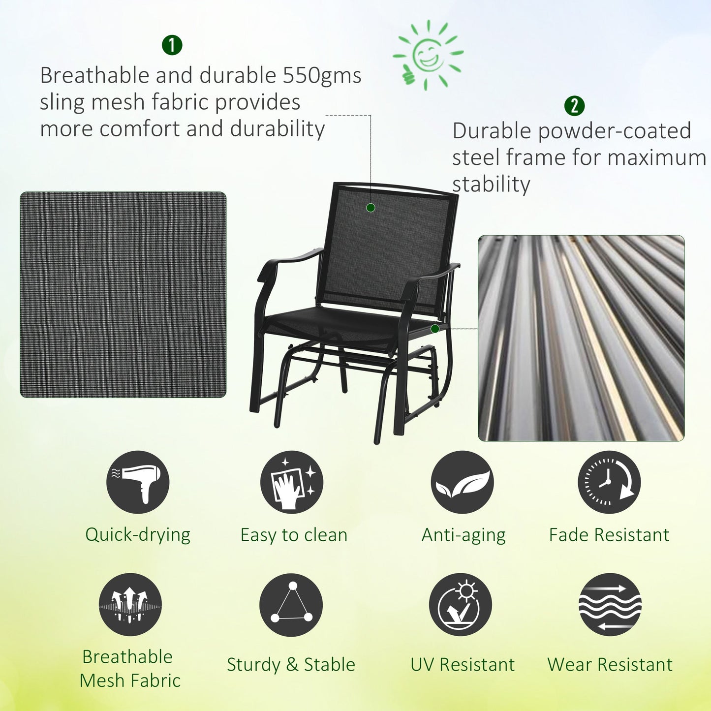 3 Piece Patio Glider Set, Outdoor Gliders with Glass Top Table, Breathable Mesh Seat, or Garden, Country Yard, Porch, Black