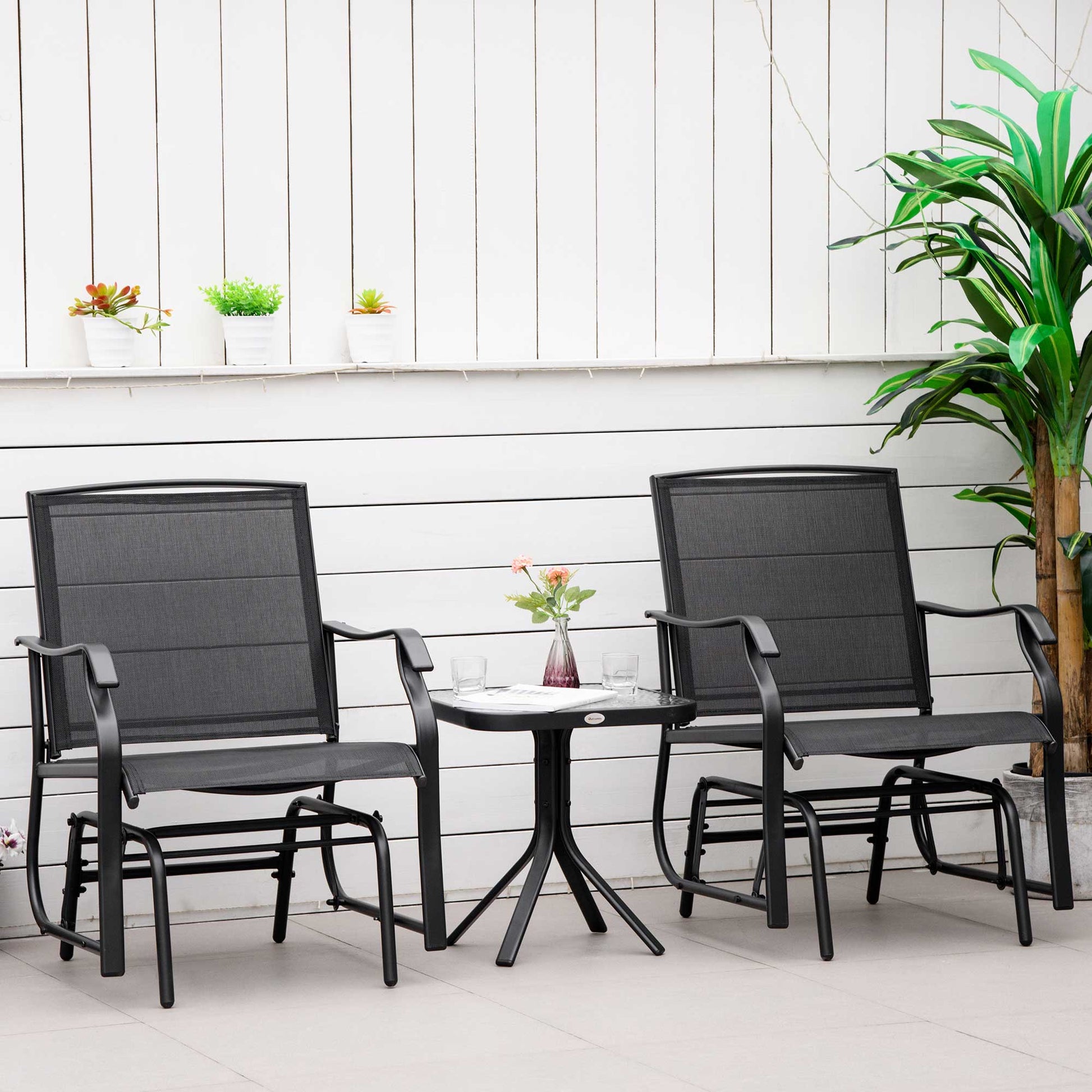 3 Piece Patio Glider Set, Outdoor Gliders with Glass Top Table, Breathable Mesh Seat, or Garden, Country Yard, Porch, Black