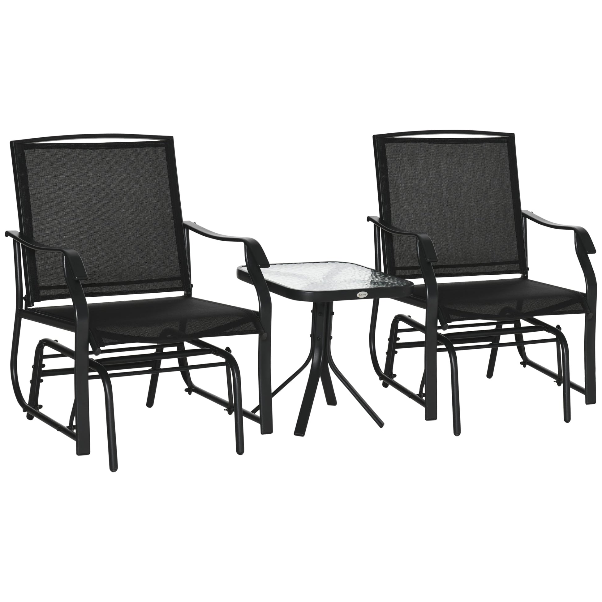 3 Piece Patio Glider Set, Outdoor Gliders with Glass Top Table, Breathable Mesh Seat, or Garden, Country Yard, Porch, Black