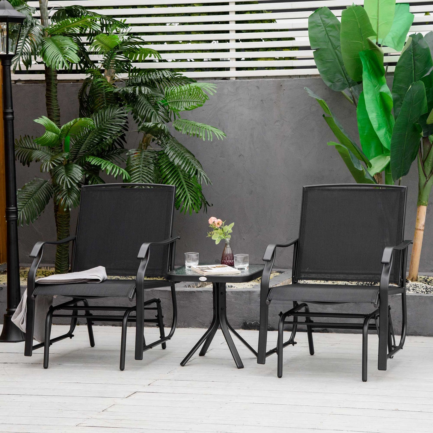 3 Piece Patio Glider Set, Outdoor Gliders with Glass Top Table, Breathable Mesh Seat, or Garden, Country Yard, Porch, Black