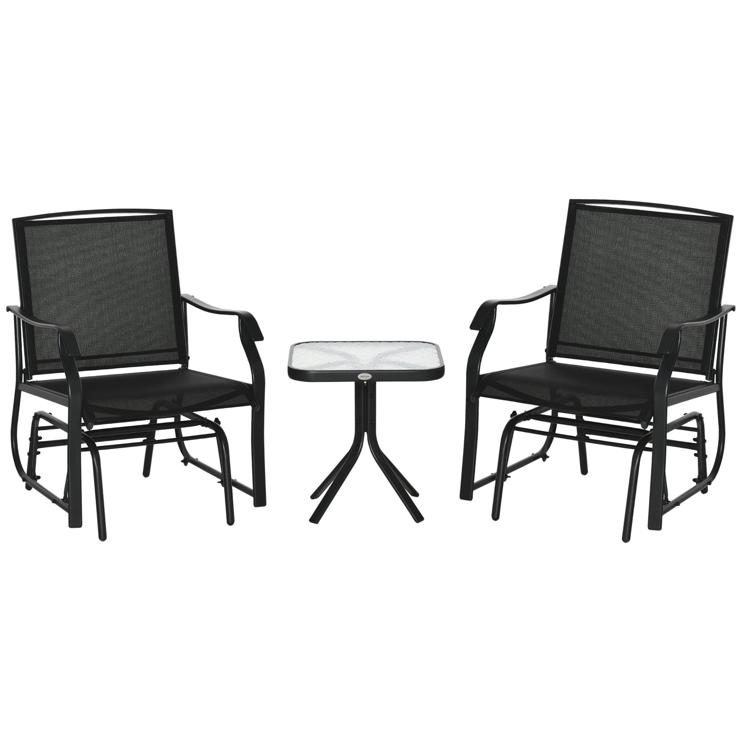 3 Piece Patio Glider Set, Outdoor Gliders with Glass Top Table, Breathable Mesh Seat, or Garden, Country Yard, Porch, Black