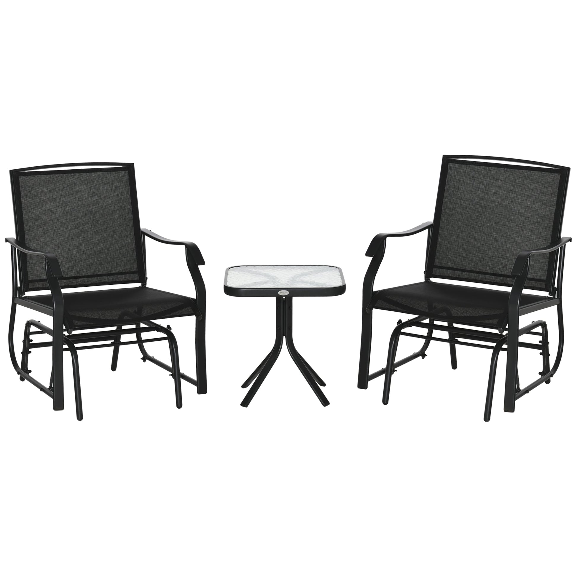 3 Piece Patio Glider Set, Outdoor Gliders with Glass Top Table, Breathable Mesh Seat, or Garden, Country Yard, Porch, Black