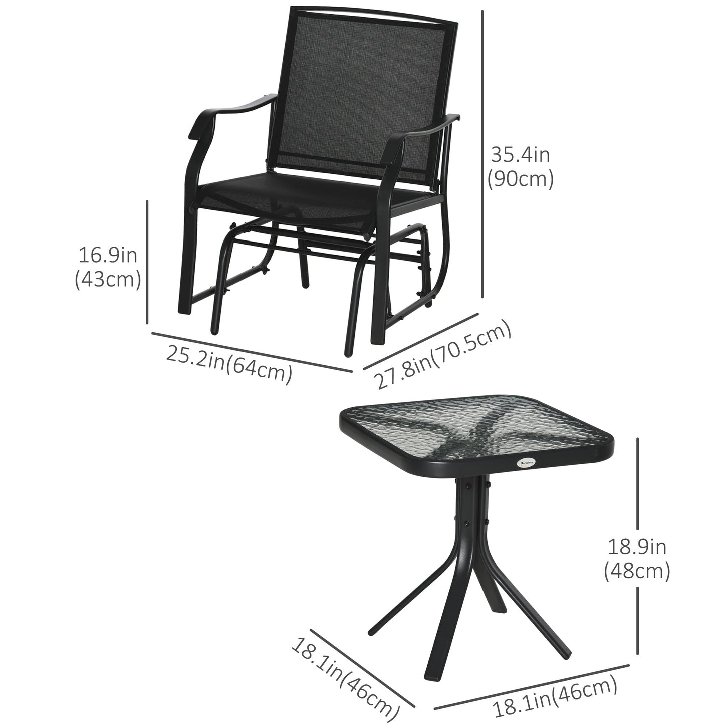 3 Piece Patio Glider Set, Outdoor Gliders with Glass Top Table, Breathable Mesh Seat, or Garden, Country Yard, Porch, Black