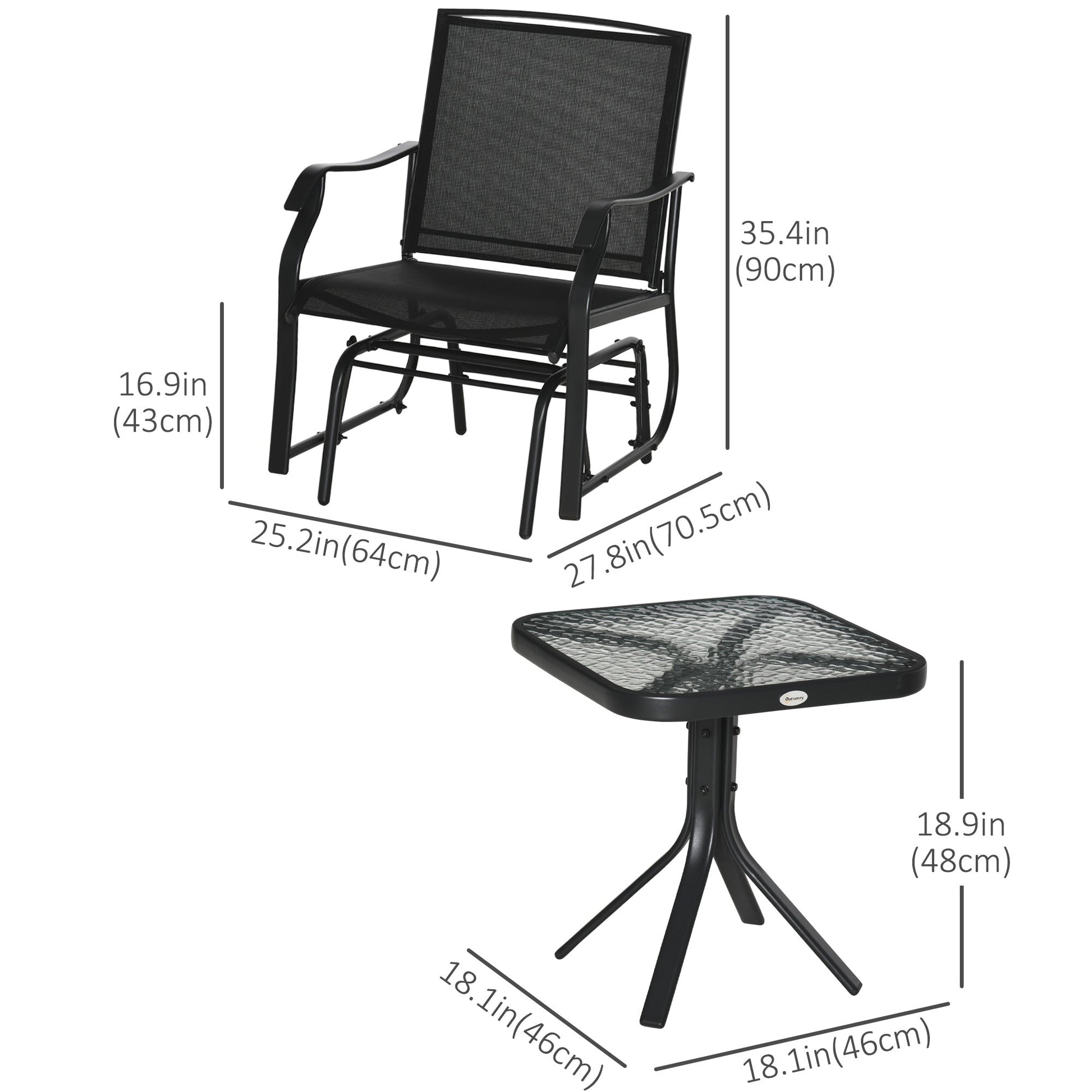 3 Piece Patio Glider Set, Outdoor Gliders with Glass Top Table, Breathable Mesh Seat, or Garden, Country Yard, Porch, Black