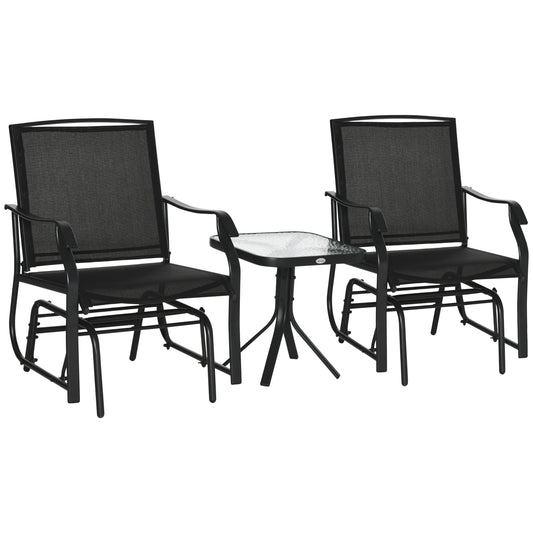 3 Piece Patio Glider Set, Outdoor Gliders with Glass Top Table, Breathable Mesh Seat, or Garden, Country Yard, Porch, Black