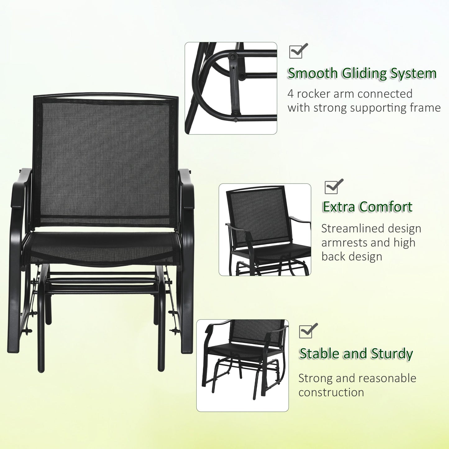 3 Piece Patio Glider Set, Outdoor Gliders with Glass Top Table, Breathable Mesh Seat, or Garden, Country Yard, Porch, Black