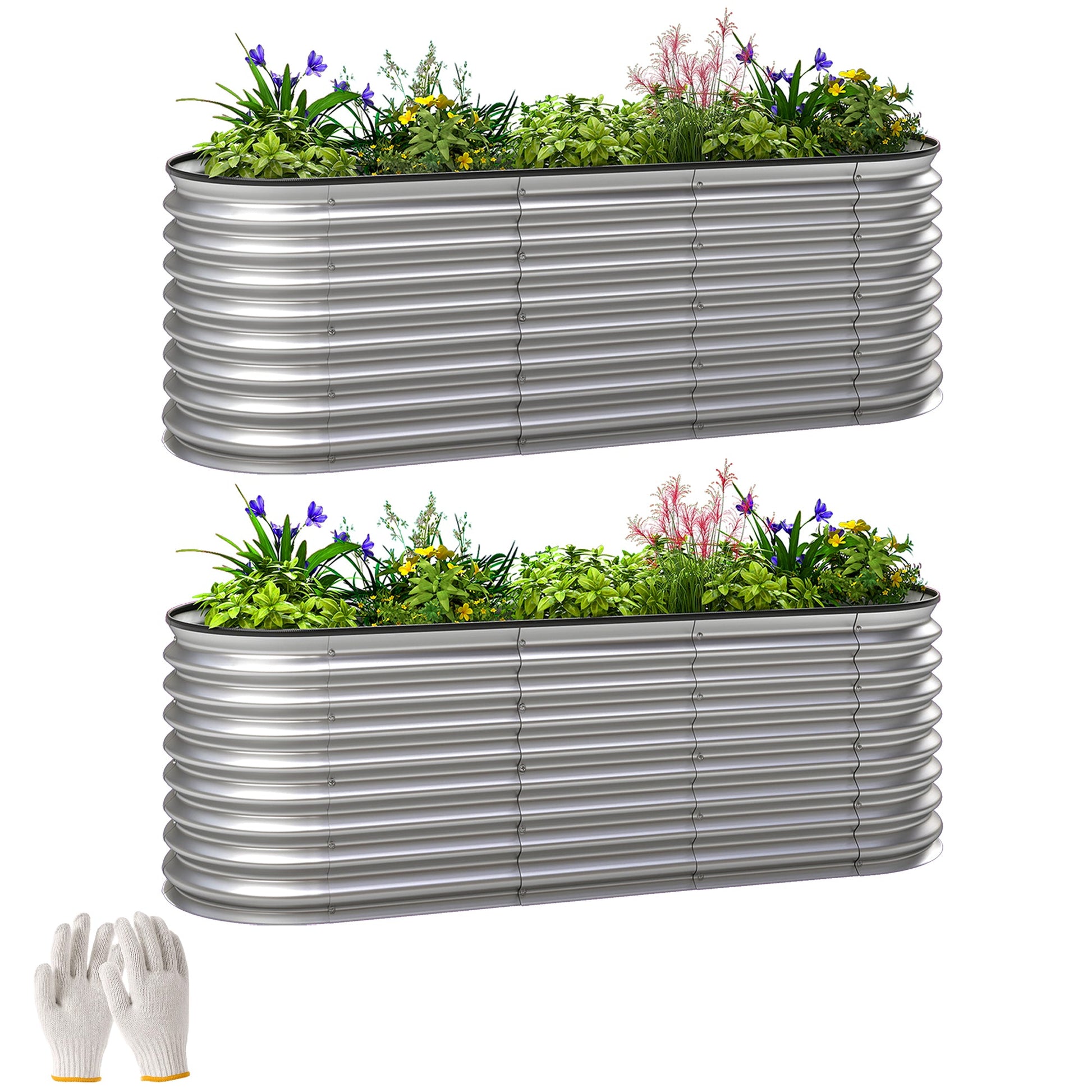 2Pcs Galvanized Raised Garden Bed, 6 x 2 x 2 ft Modular Metal Garden Beds with Rubber Strip Edging, Oval Outdoor Planter Box for Vegetables, Flowers, Herbs, Silver