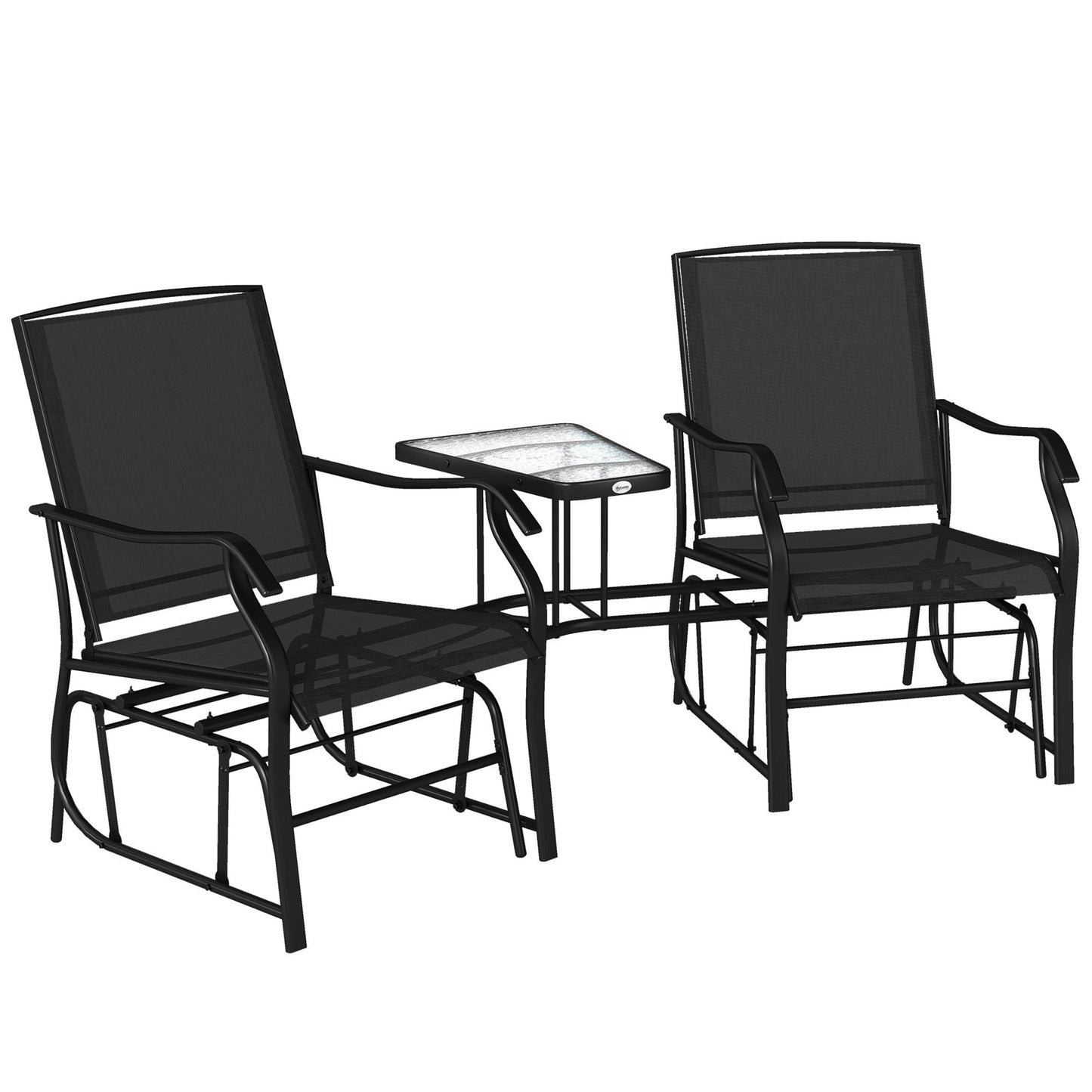 Double Patio Glider Chair with Glass Top Center Table, Outdoor Glider Loveseat with High Back,  All Weather Breathable Mesh Fabric for Garden, Backyard, Deck, Black