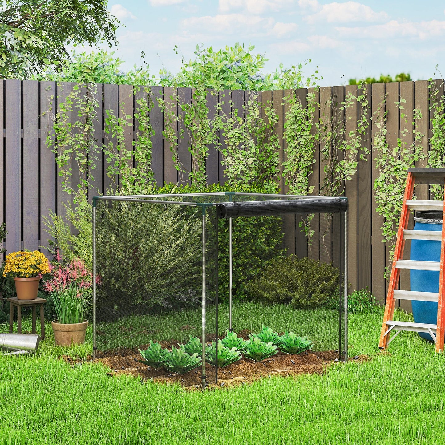 4' x 4' Crop Cage, Plant Protection Tent with Zippered Door and Galvanized Steel Frame, Fruit Cage Netting Cover for Garden, Yard, Lawn, Black