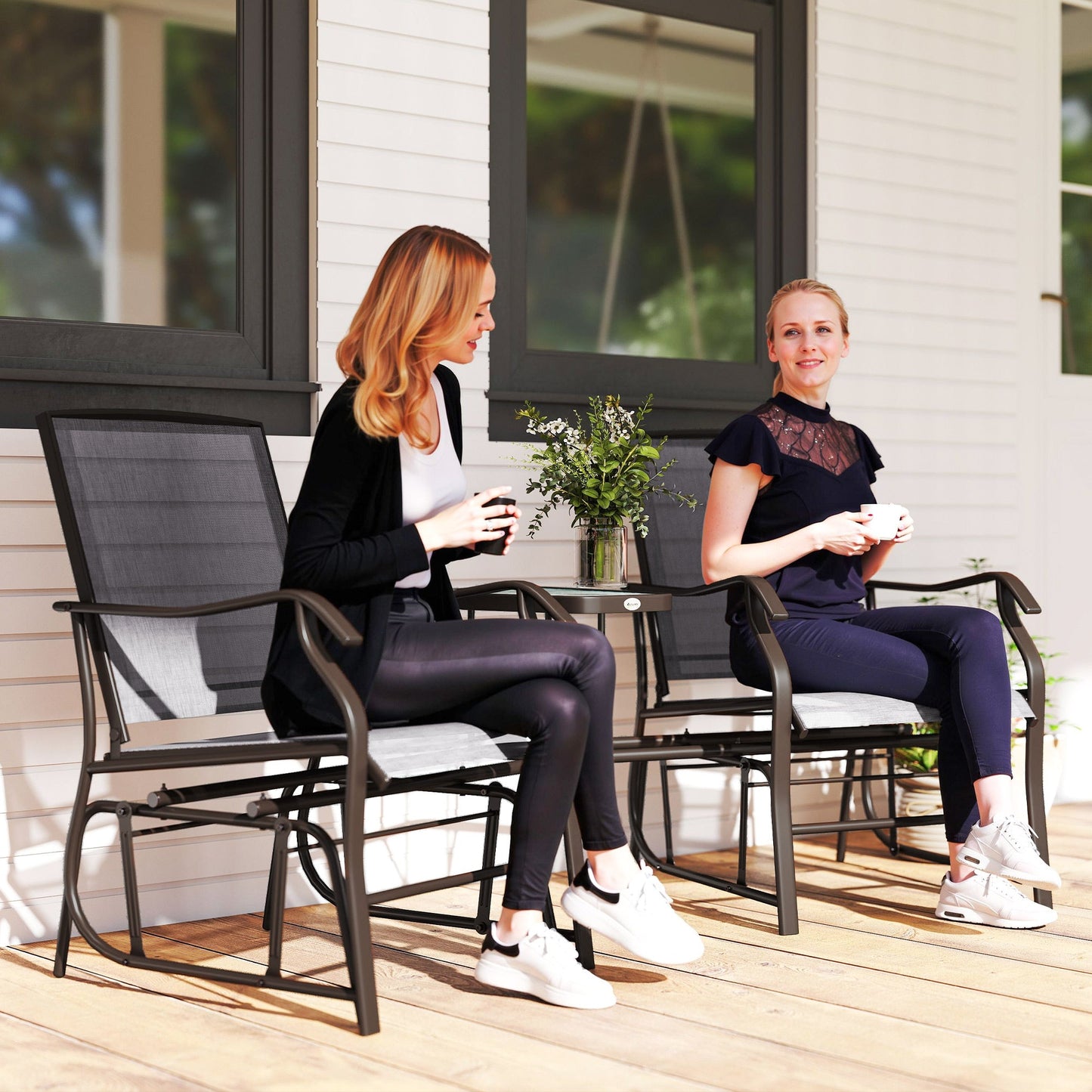 Double Patio Glider Chair with Glass Top Center Table, Outdoor Glider Loveseat with High Back,  All Weather Breathable Mesh Fabric for Garden, Backyard, Deck, Grey