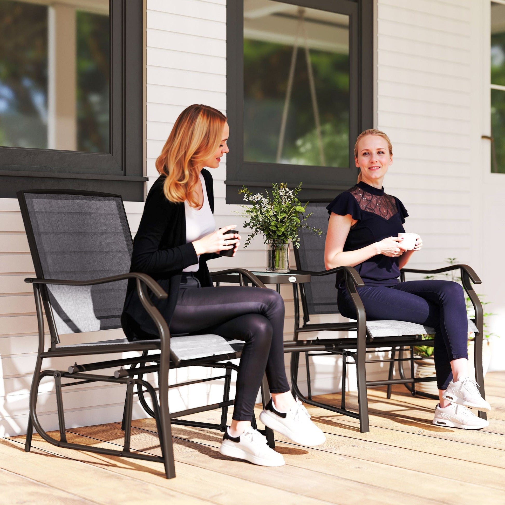 Double Patio Glider Chair with Glass Top Center Table, Outdoor Glider Loveseat with High Back,  All Weather Breathable Mesh Fabric for Garden, Backyard, Deck, Grey