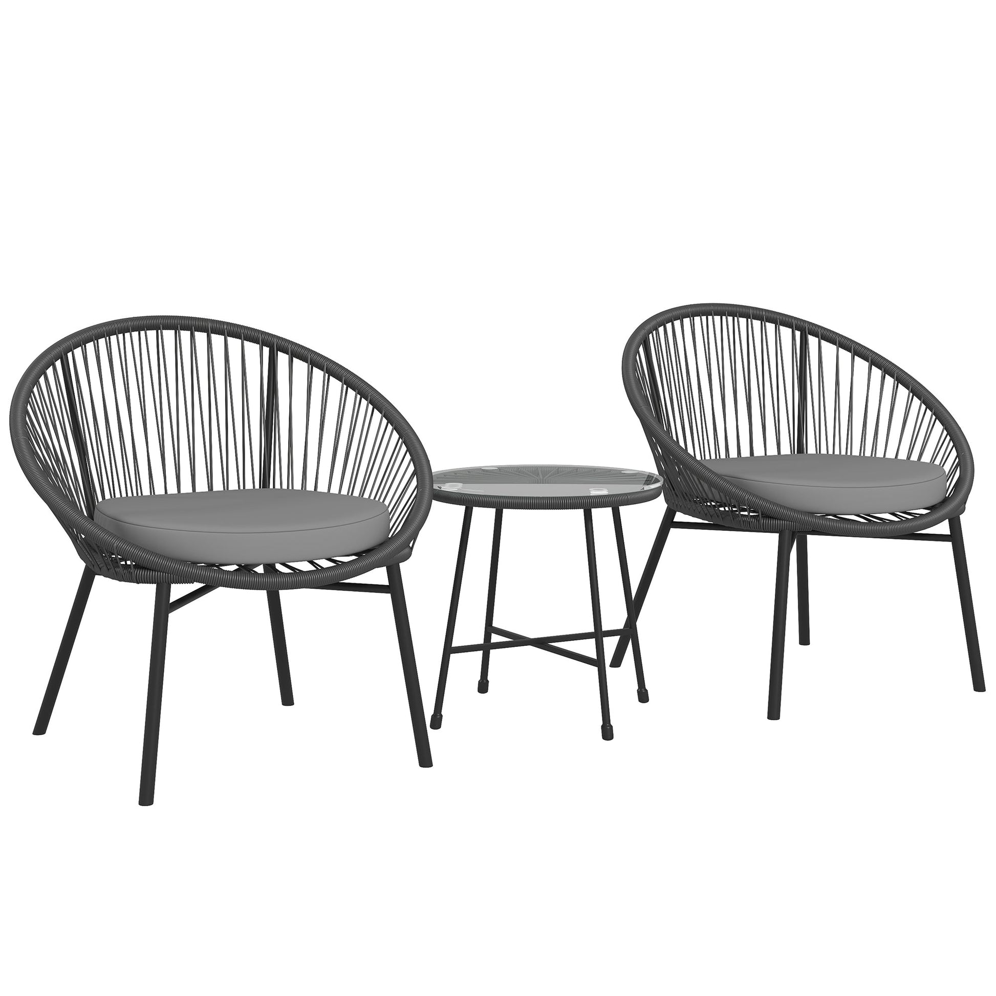 3 Piece Wicker Patio Furniture Set, Acapulco Chair Set with Soft Seat Cushions, Tempered Glass Tabletop, Rattan Bistro Set for Garden, Backyard, Black