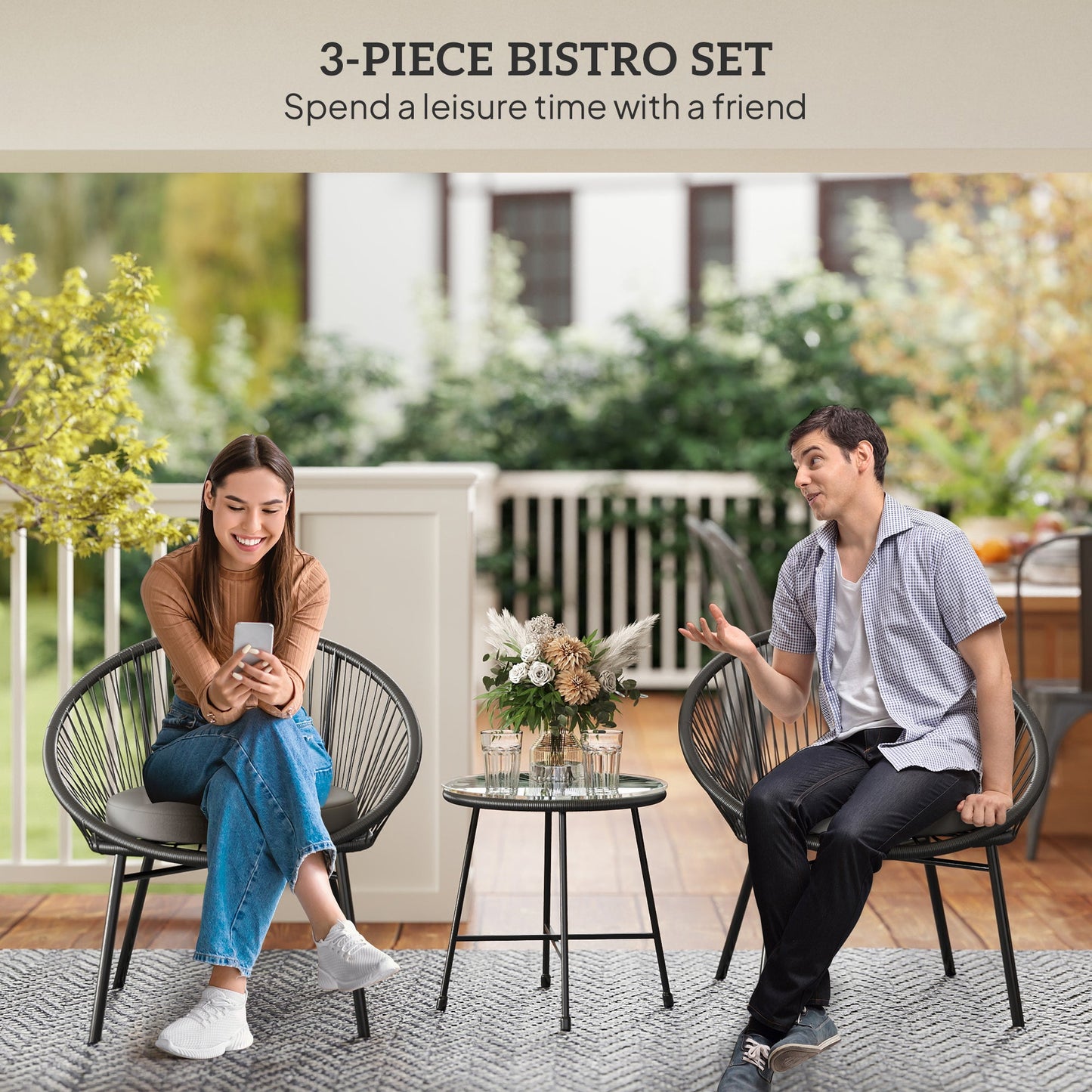 3 Piece Wicker Patio Furniture Set, Acapulco Chair Set with Soft Seat Cushions, Tempered Glass Tabletop, Rattan Bistro Set for Garden, Backyard, Black