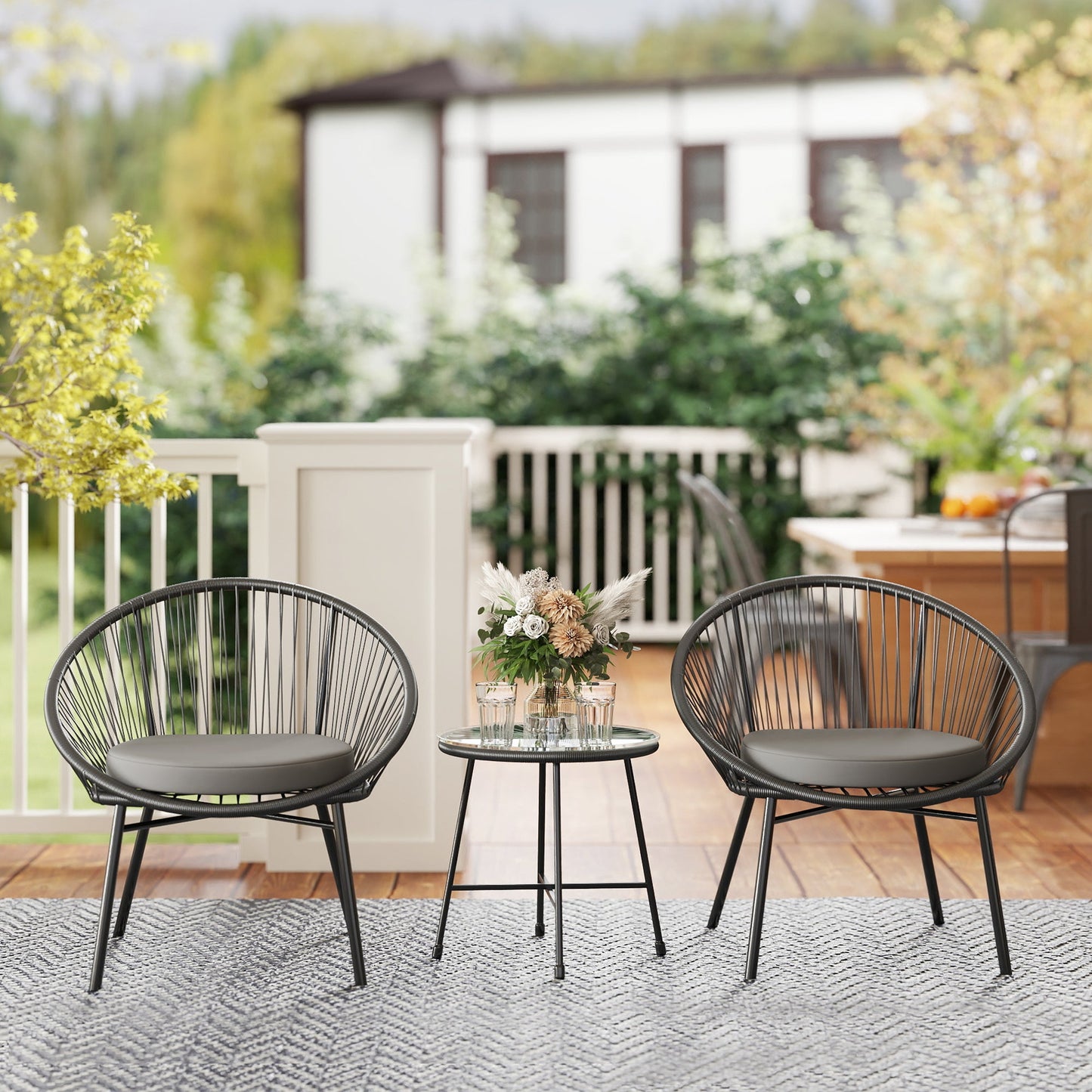 3 Piece Wicker Patio Furniture Set, Acapulco Chair Set with Soft Seat Cushions, Tempered Glass Tabletop, Rattan Bistro Set for Garden, Backyard, Black