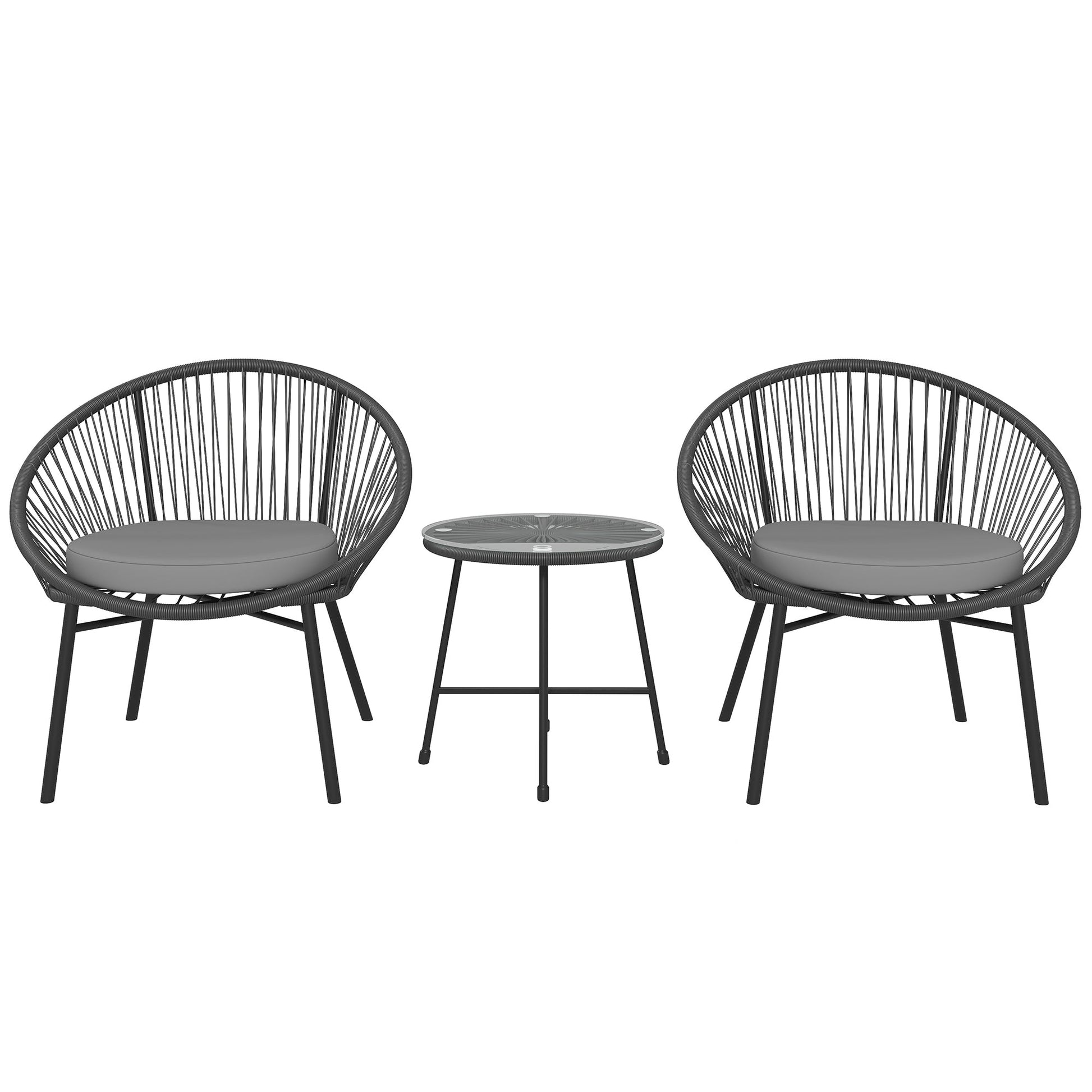 3 Piece Wicker Patio Furniture Set, Acapulco Chair Set with Soft Seat Cushions, Tempered Glass Tabletop, Rattan Bistro Set for Garden, Backyard, Black