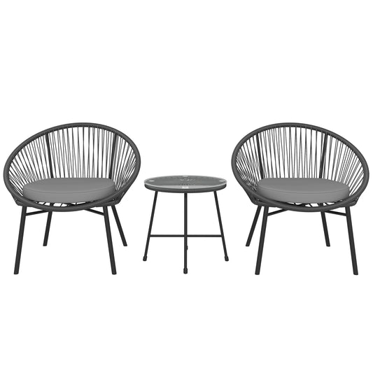 3 Piece Wicker Patio Furniture Set, Acapulco Chair Set with Soft Seat Cushions, Tempered Glass Tabletop, Rattan Bistro Set for Garden, Backyard, Black