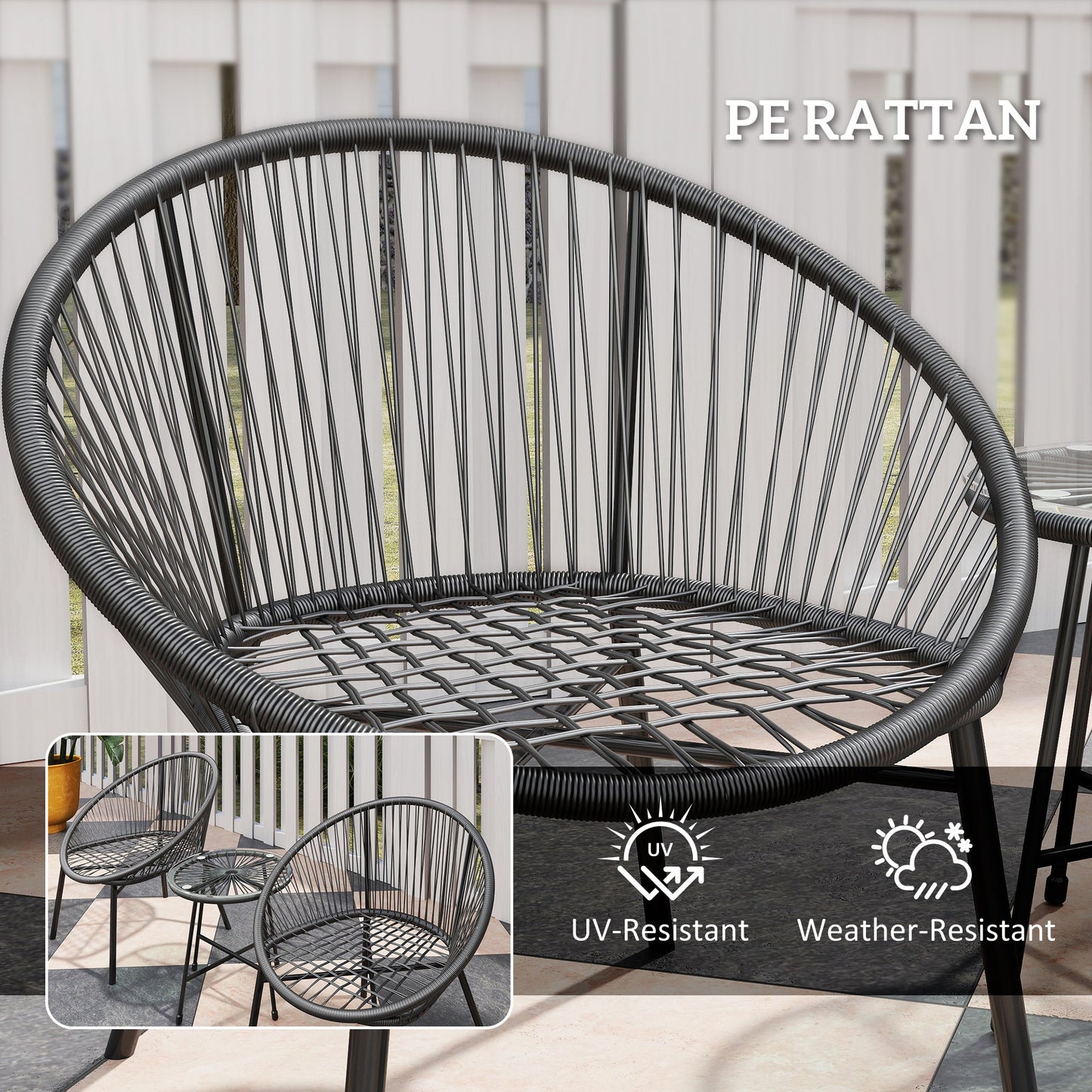 3 Piece Wicker Patio Furniture Set, Acapulco Chair Set with Soft Seat Cushions, Tempered Glass Tabletop, Rattan Bistro Set for Garden, Backyard, Black