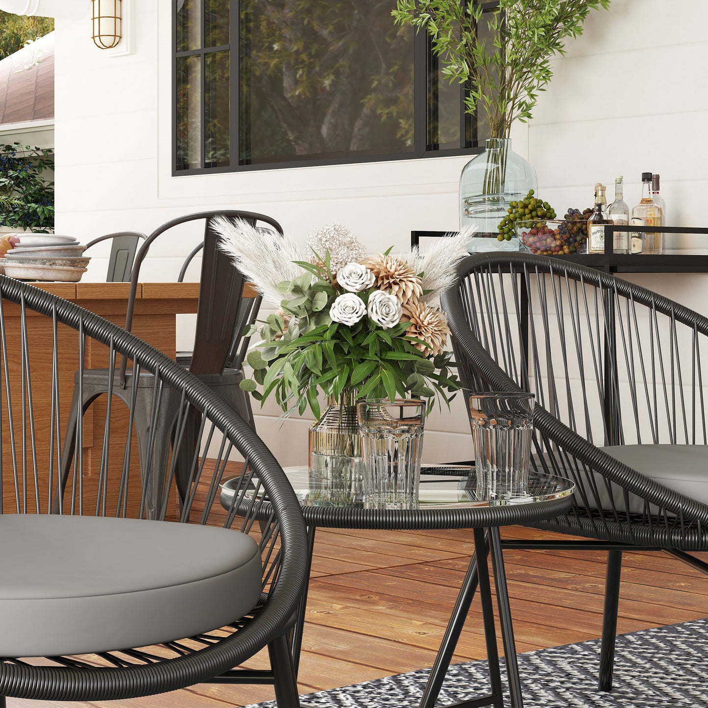 3 Piece Wicker Patio Furniture Set, Acapulco Chair Set with Soft Seat Cushions, Tempered Glass Tabletop, Rattan Bistro Set for Garden, Backyard, Black