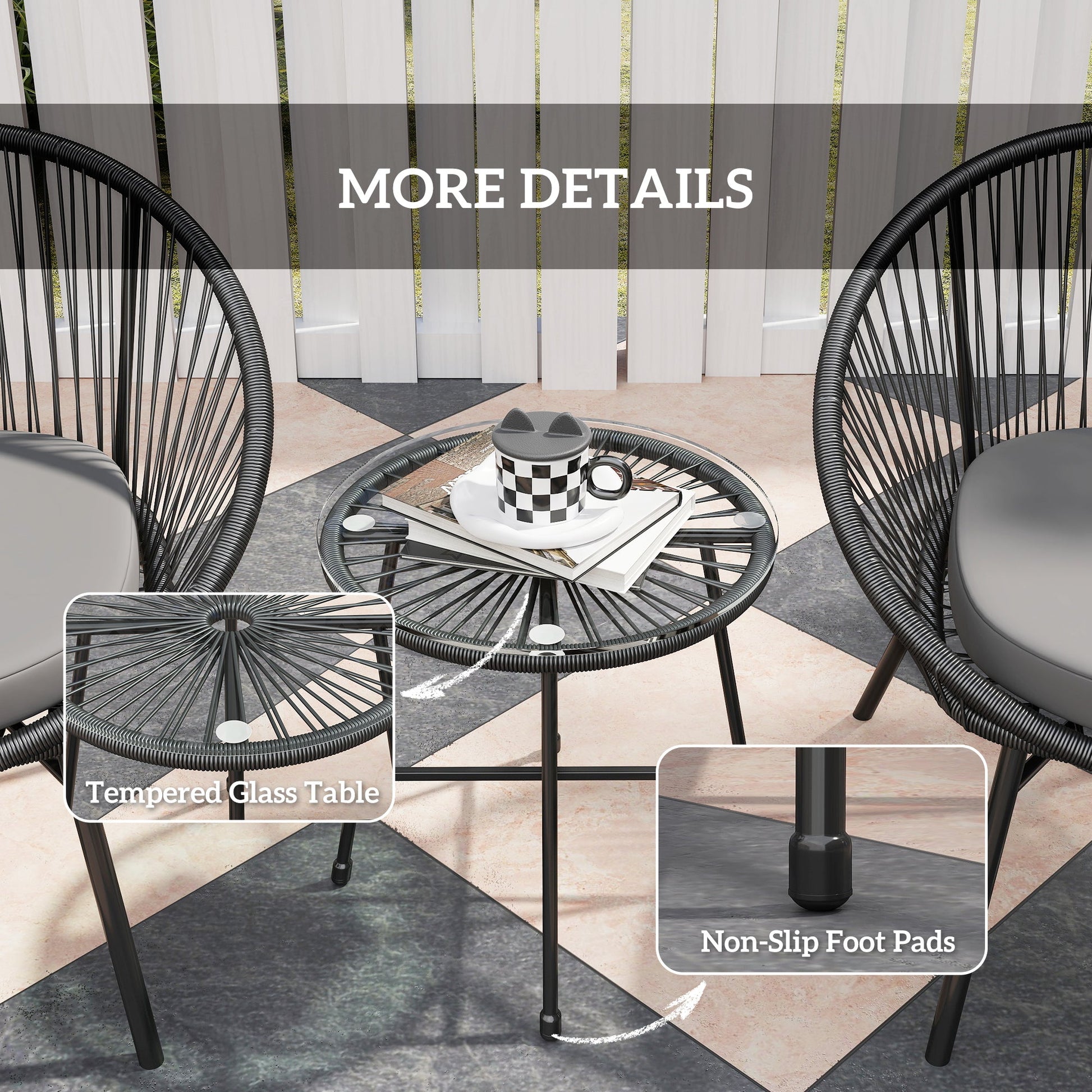 3 Piece Wicker Patio Furniture Set, Acapulco Chair Set with Soft Seat Cushions, Tempered Glass Tabletop, Rattan Bistro Set for Garden, Backyard, Black