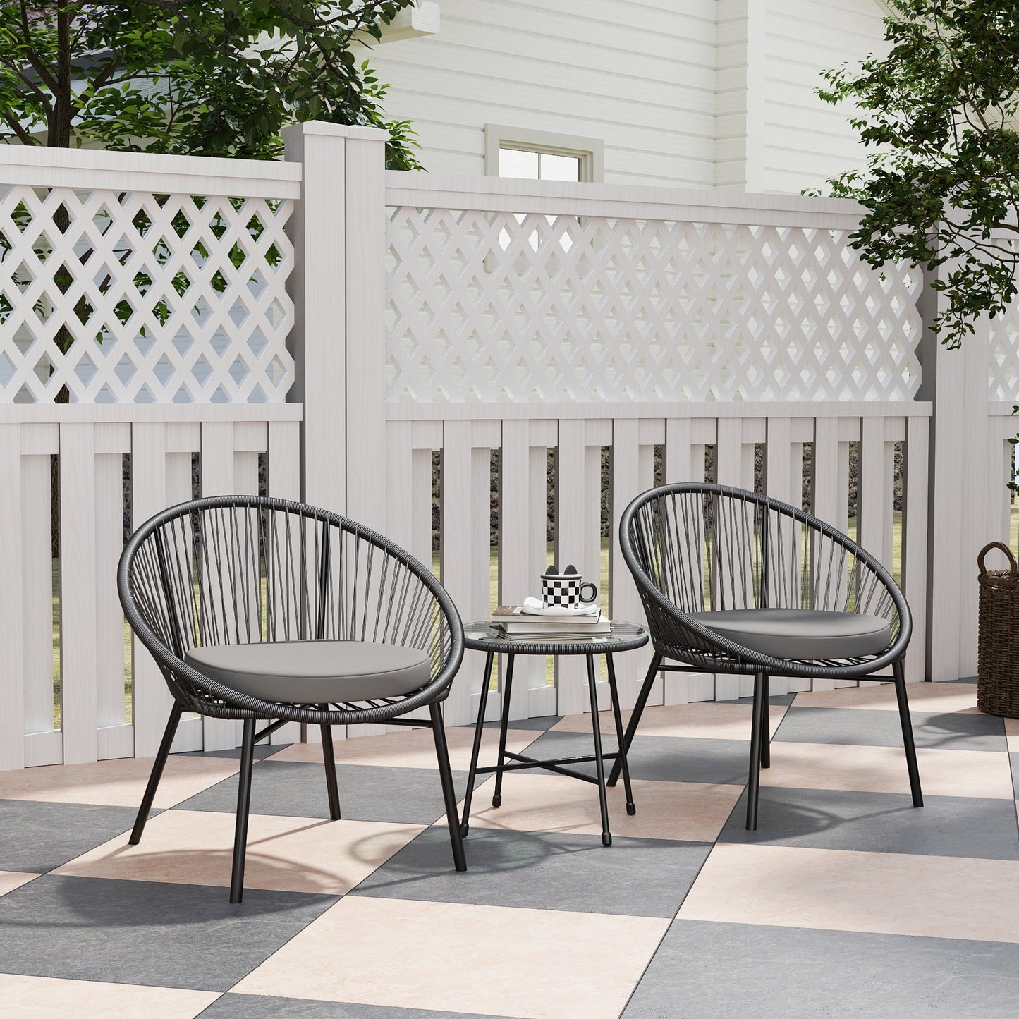 3 Piece Wicker Patio Furniture Set, Acapulco Chair Set with Soft Seat Cushions, Tempered Glass Tabletop, Rattan Bistro Set for Garden, Backyard, Black