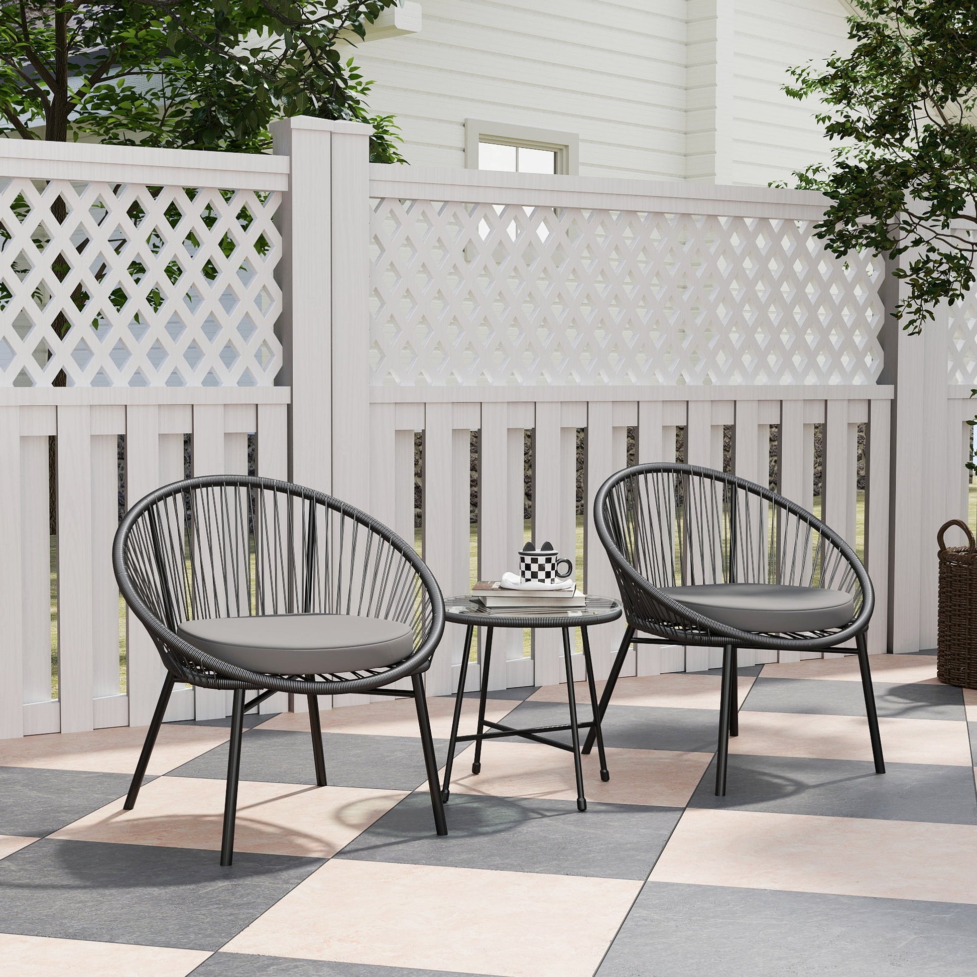 3 Piece Wicker Patio Furniture Set, Acapulco Chair Set with Soft Seat Cushions, Tempered Glass Tabletop, Rattan Bistro Set for Garden, Backyard, Black
