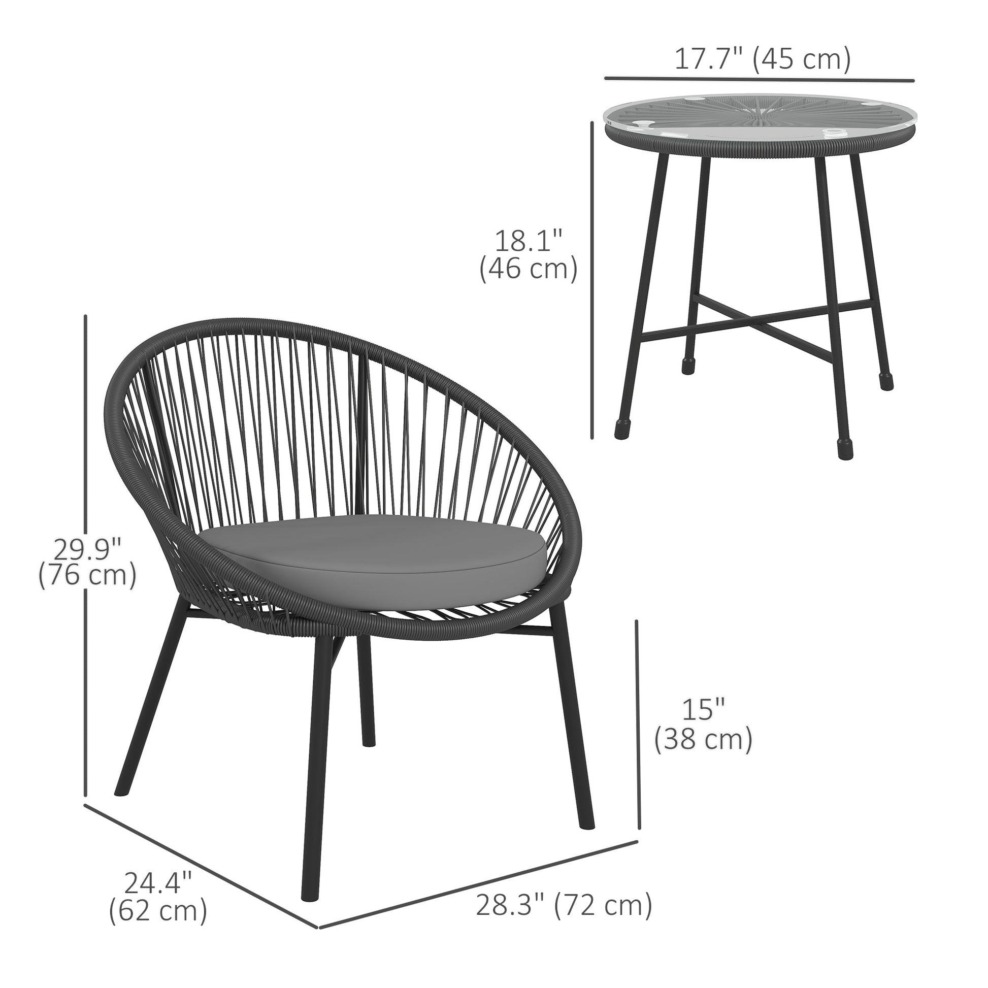 3 Piece Wicker Patio Furniture Set, Acapulco Chair Set with Soft Seat Cushions, Tempered Glass Tabletop, Rattan Bistro Set for Garden, Backyard, Black