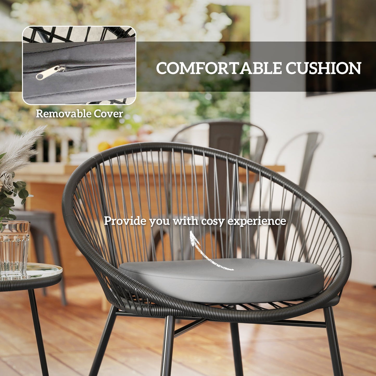 3 Piece Wicker Patio Furniture Set, Acapulco Chair Set with Soft Seat Cushions, Tempered Glass Tabletop, Rattan Bistro Set for Garden, Backyard, Black
