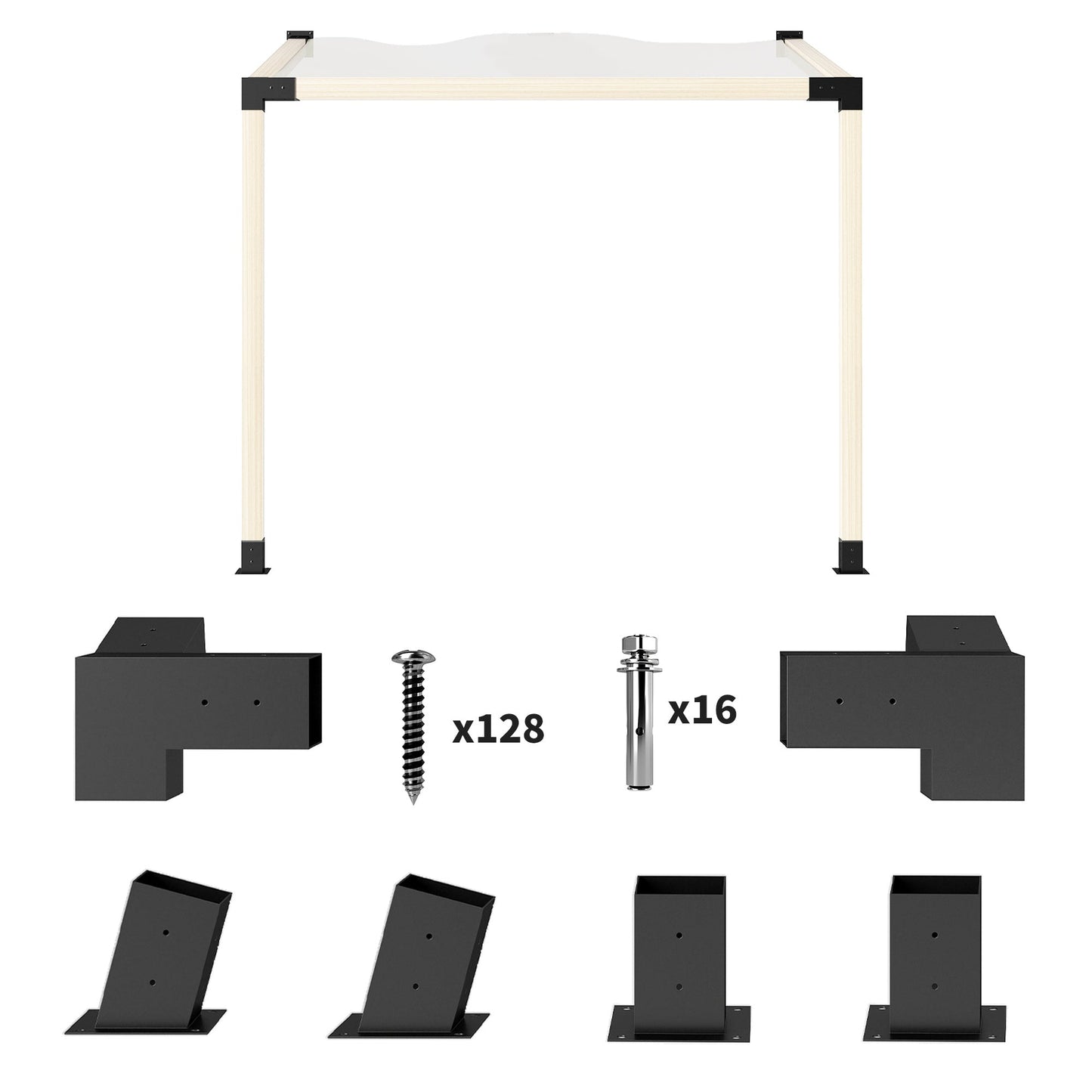 Pergola Kit, 15° Slanted Roof Pergola Brackets with 2 3-Way Brackets, 2 Post Bases, 2 Wall Mounts for 4"x 4" (Actual 3.6" X 3.6") Lumber, 6 PCS DIY Hardware, Black