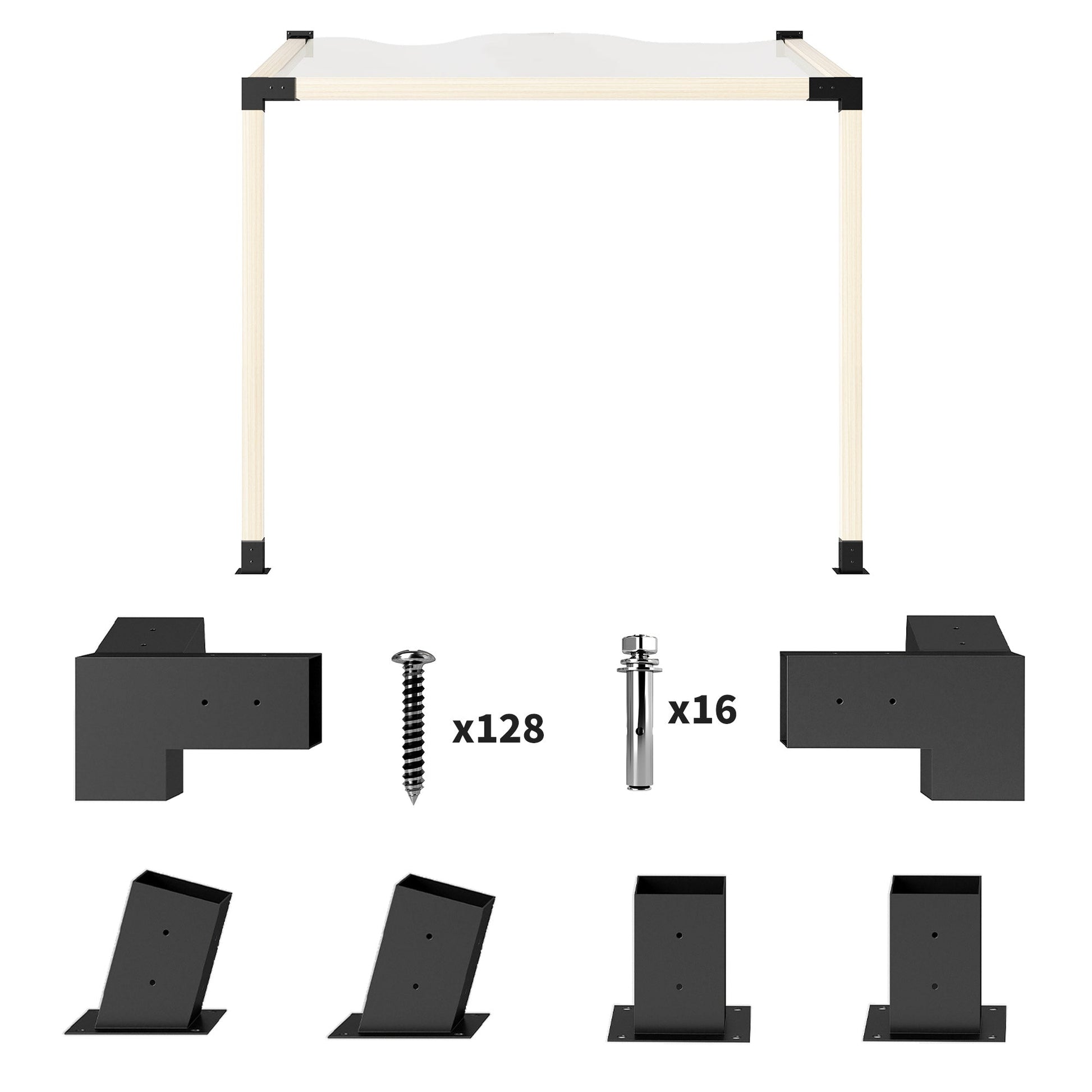 Pergola Kit, 15° Slanted Roof Pergola Brackets with 2 3-Way Brackets, 2 Post Bases, 2 Wall Mounts for 4"x 4" (Actual 3.6" X 3.6") Lumber, 6 PCS DIY Hardware, Black